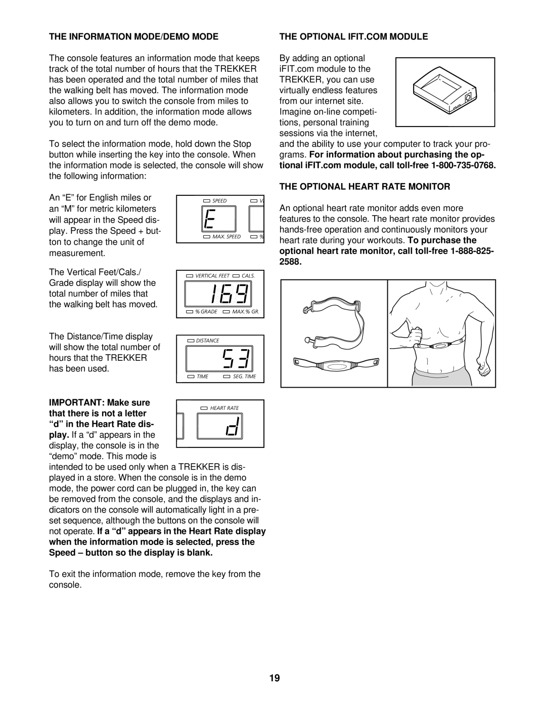 NordicTrack NTHK99902 user manual Information MODE/DEMO Mode, Optional Heart Rate Monitor 