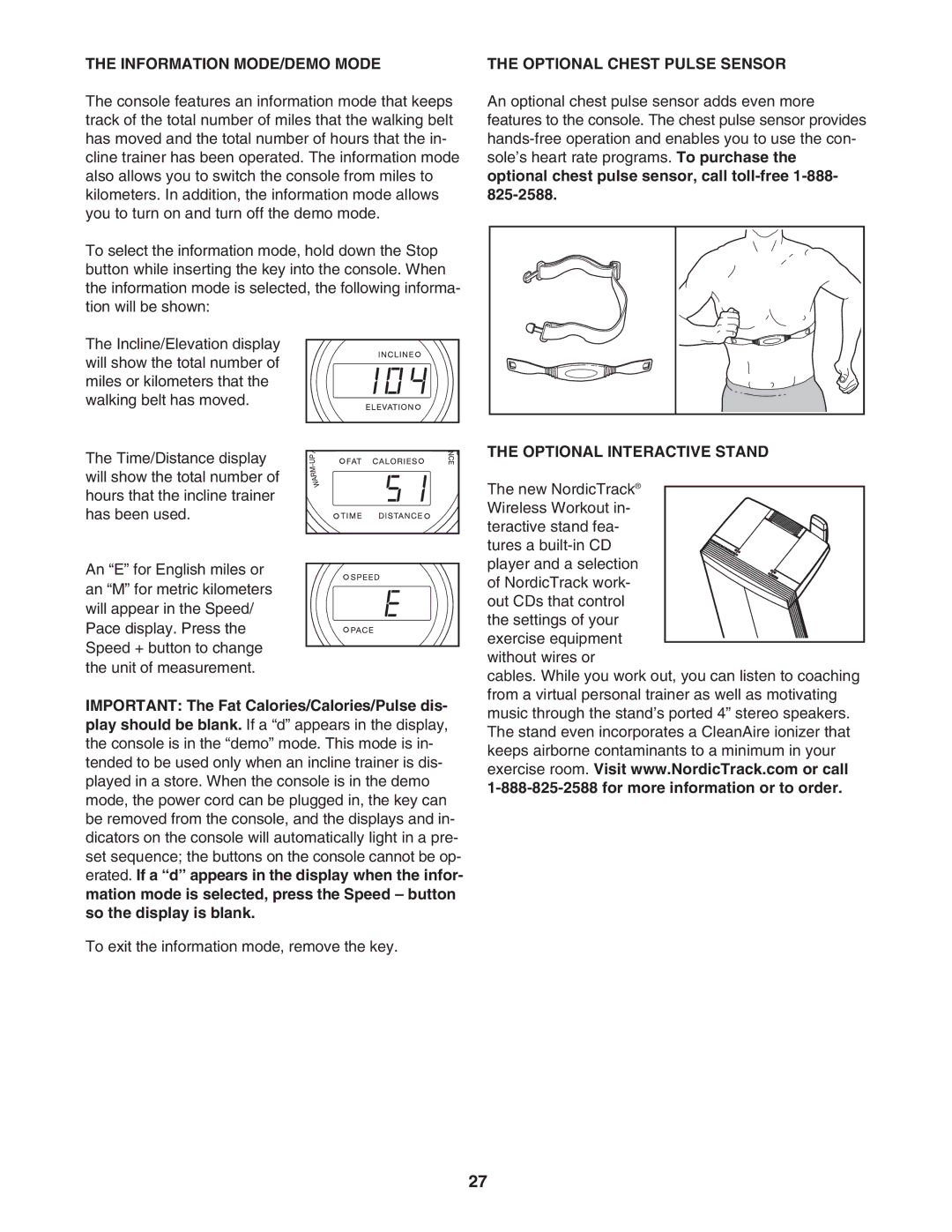 NordicTrack NTK14940 manual Information MODE/DEMO Mode, Optional Chest Pulse Sensor, Optional Interactive Stand 