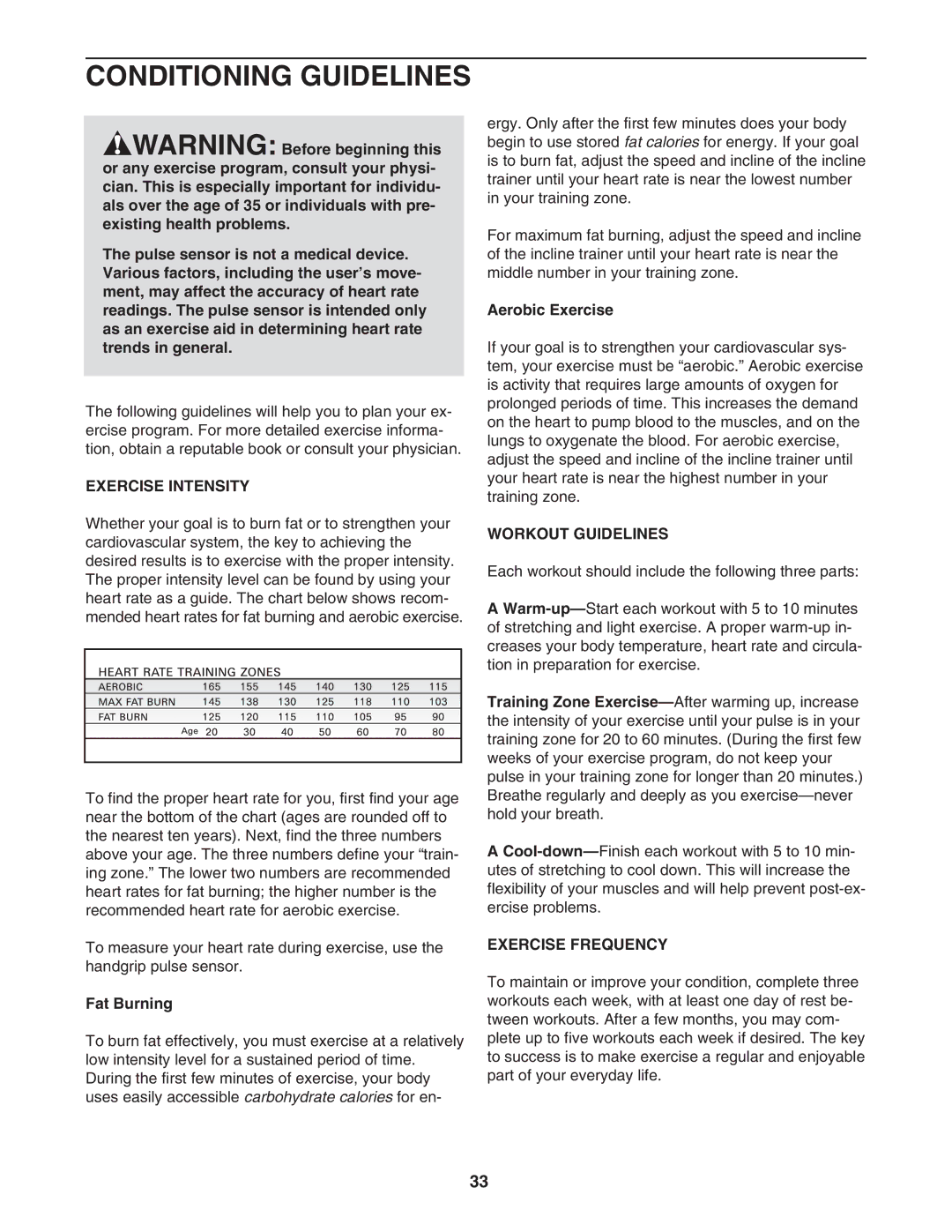 NordicTrack NTK14940 manual Conditioning Guidelines, Exercise Intensity, Workout Guidelines, Exercise Frequency 