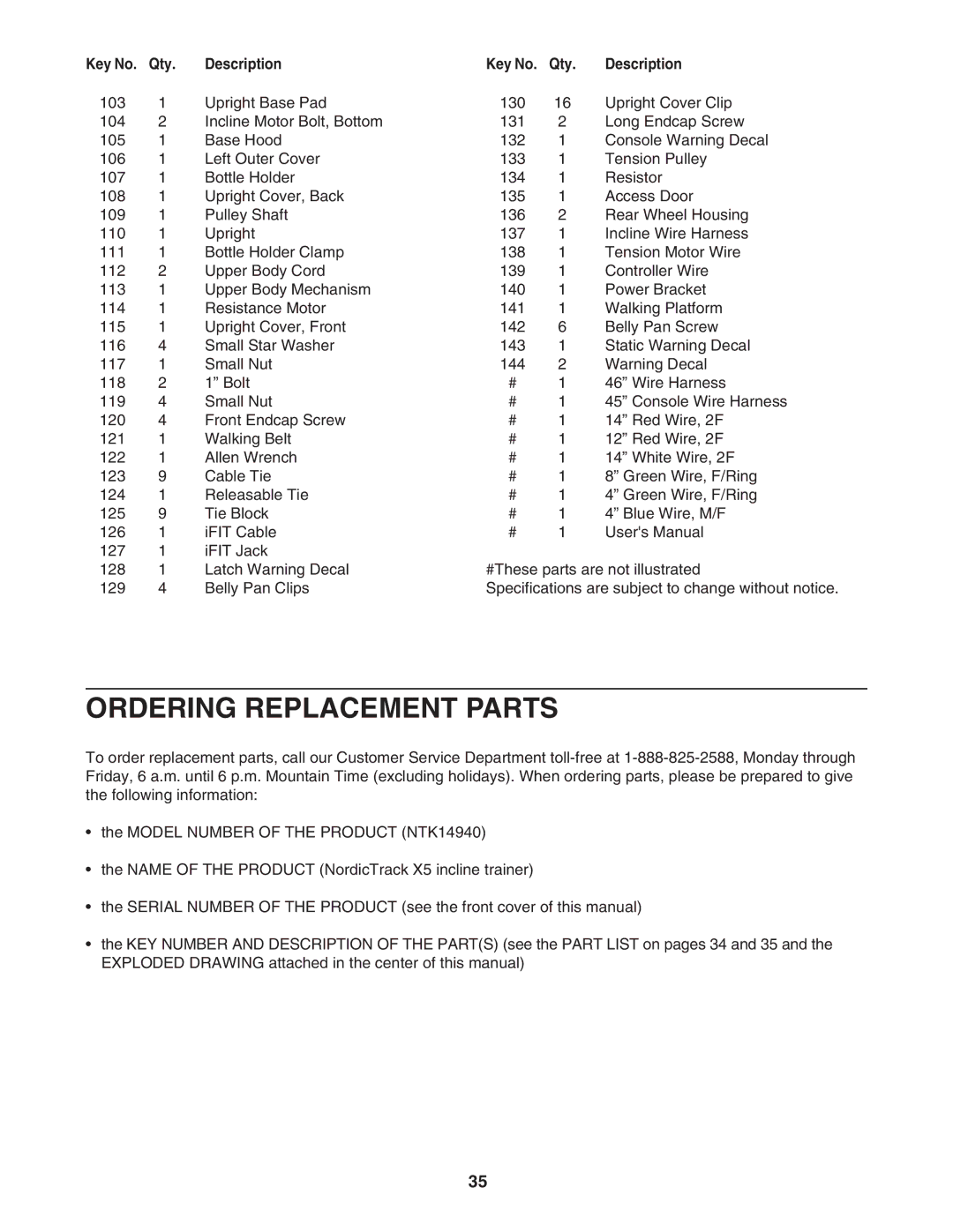 NordicTrack NTK14940 manual Ordering Replacement Parts, Description Qty 