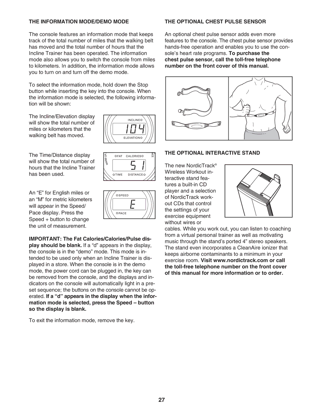 NordicTrack NTK1494.1 manual Information MODE/DEMO Mode, Optional Chest Pulse Sensor, Optional Interactive Stand 