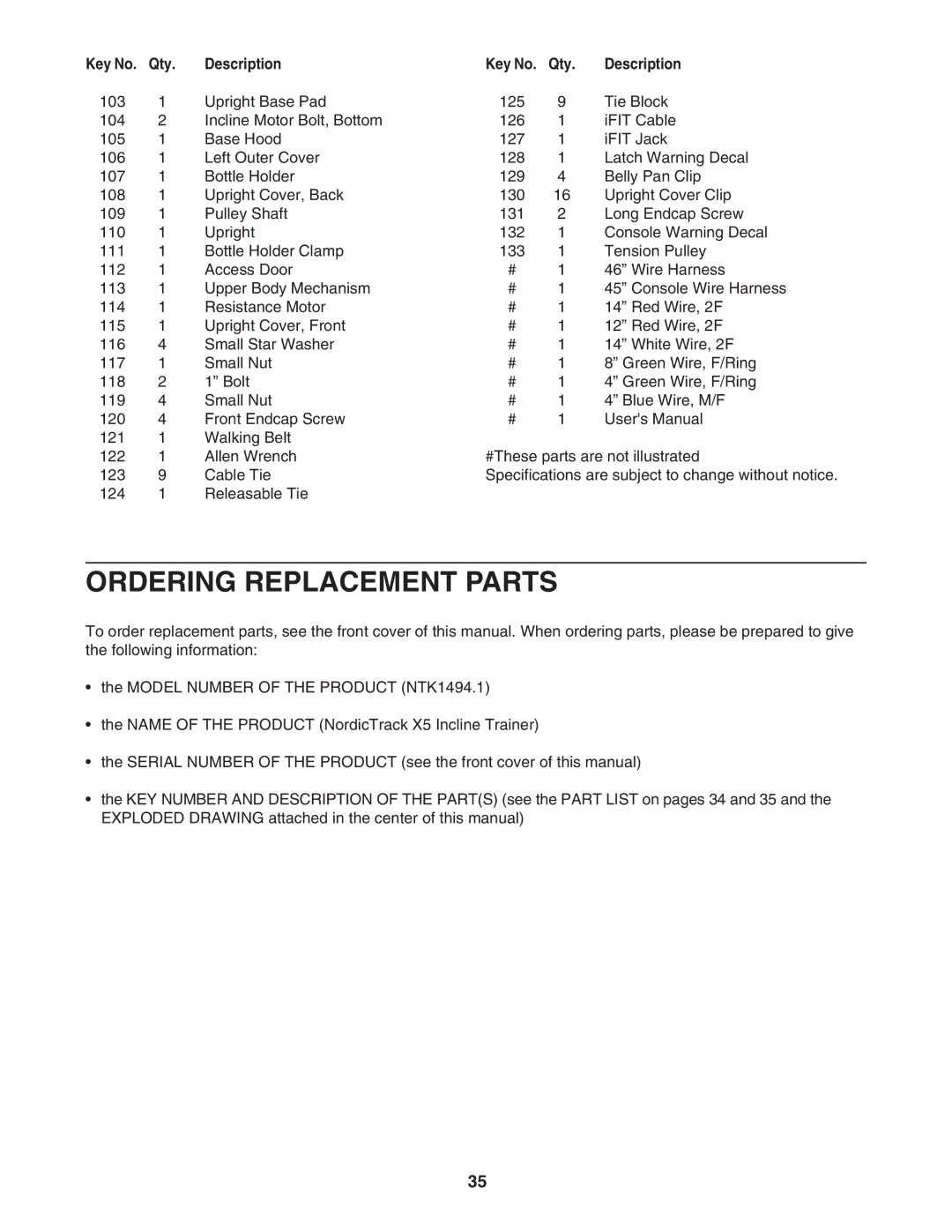 NordicTrack NTK1494.1 manual Ordering Replacement Parts, Description Qty 