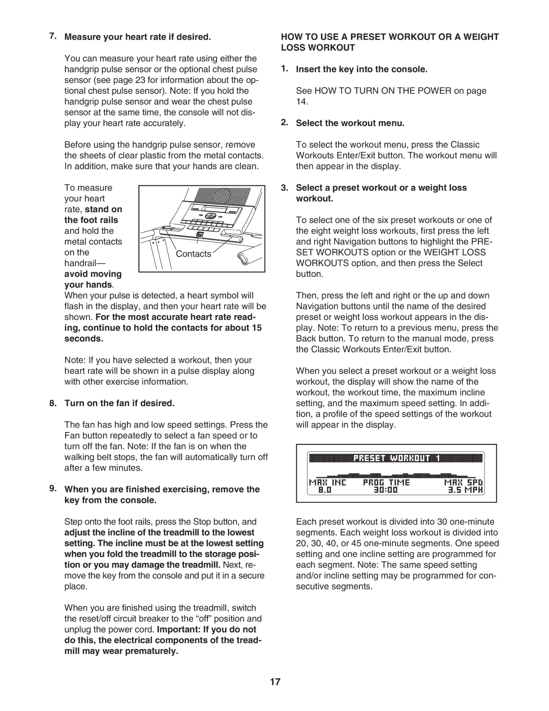 NordicTrack NTL06907.0 user manual HOW to USE a Preset Workout or a Weight Loss Workout 