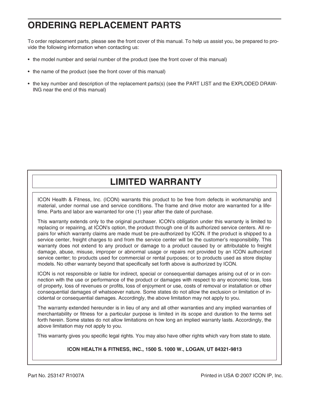 NordicTrack NTL06907.0 Ordering Replacement Parts, Limited Warranty, Icon Health & FITNESS, INC., 1500 S W., LOGAN, UT 