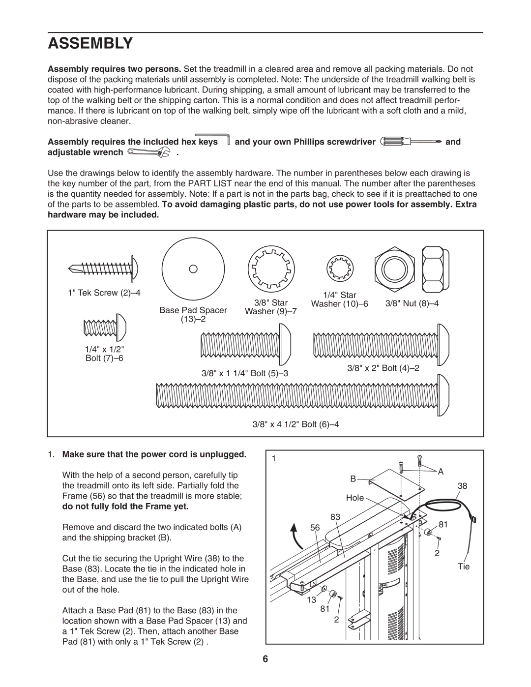 NordicTrack NTL06907.2 user manual Assembly, Hardware may be included, Make sure that the power cord is unplugged 