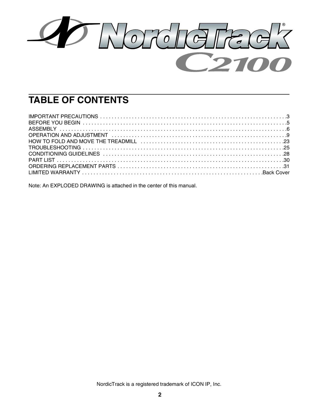 NordicTrack NTL1075.1 manual Table of Contents 