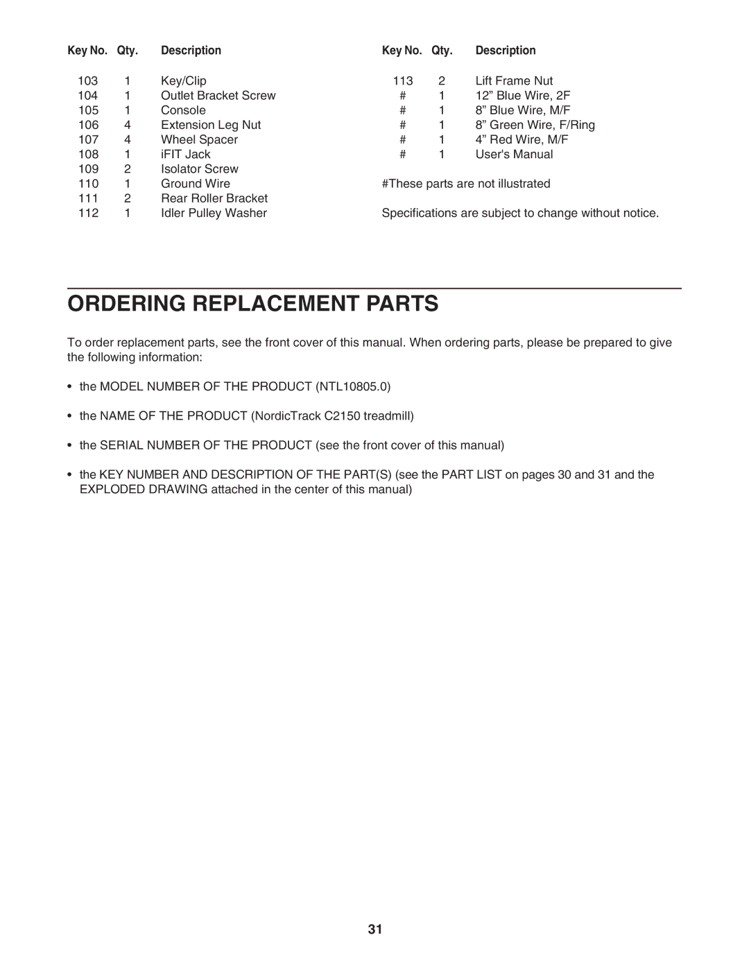 NordicTrack NTL10805.0 manual Ordering Replacement Parts 