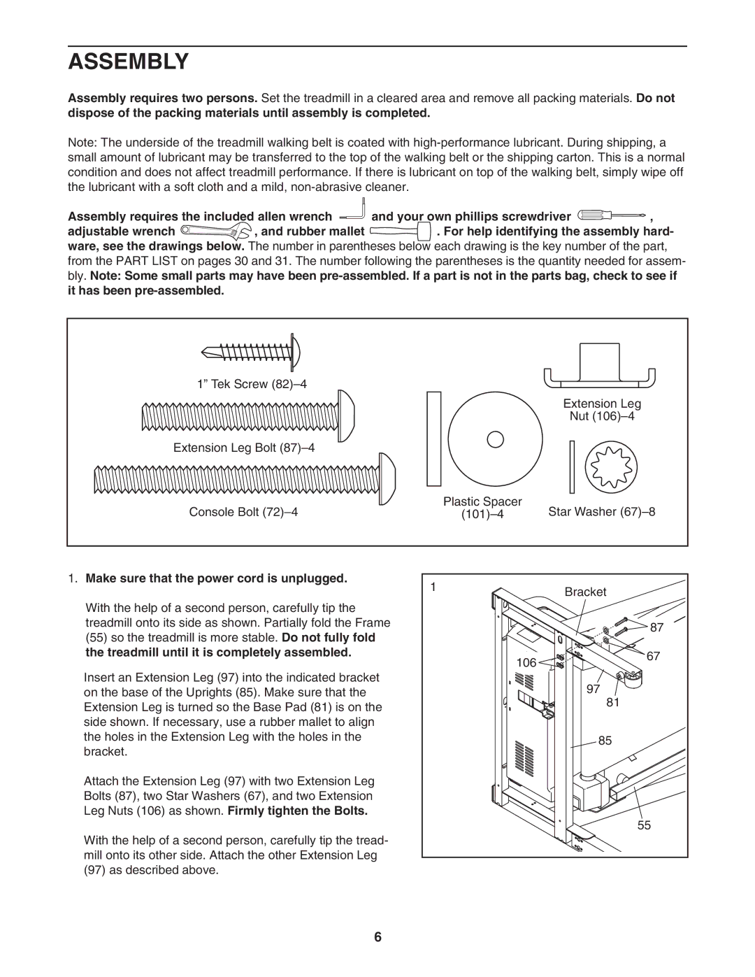 NordicTrack NTL10805.0 manual Assembly, Make sure that the power cord is unplugged 