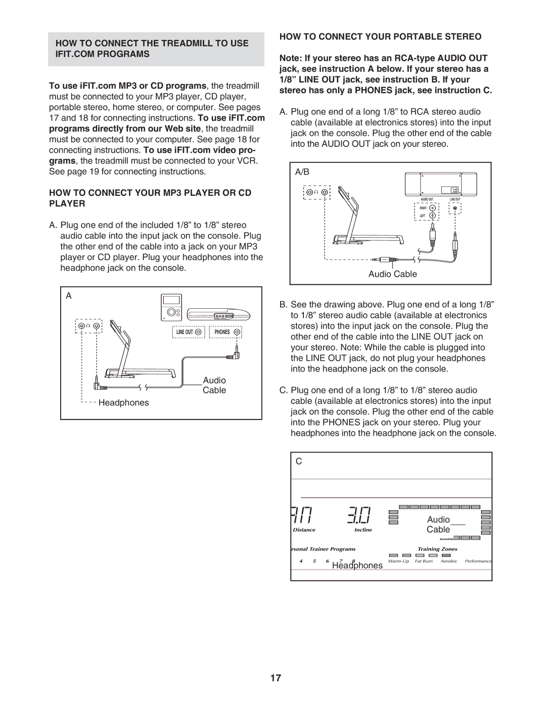 NordicTrack NTL10805.1 HOW to Connect Your MP3 Player or CD Player, HOW to Connect Your Portable Stereo, Audio Cable 