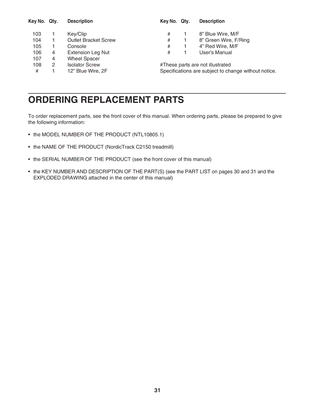 NordicTrack NTL10805.1 user manual Ordering Replacement Parts 