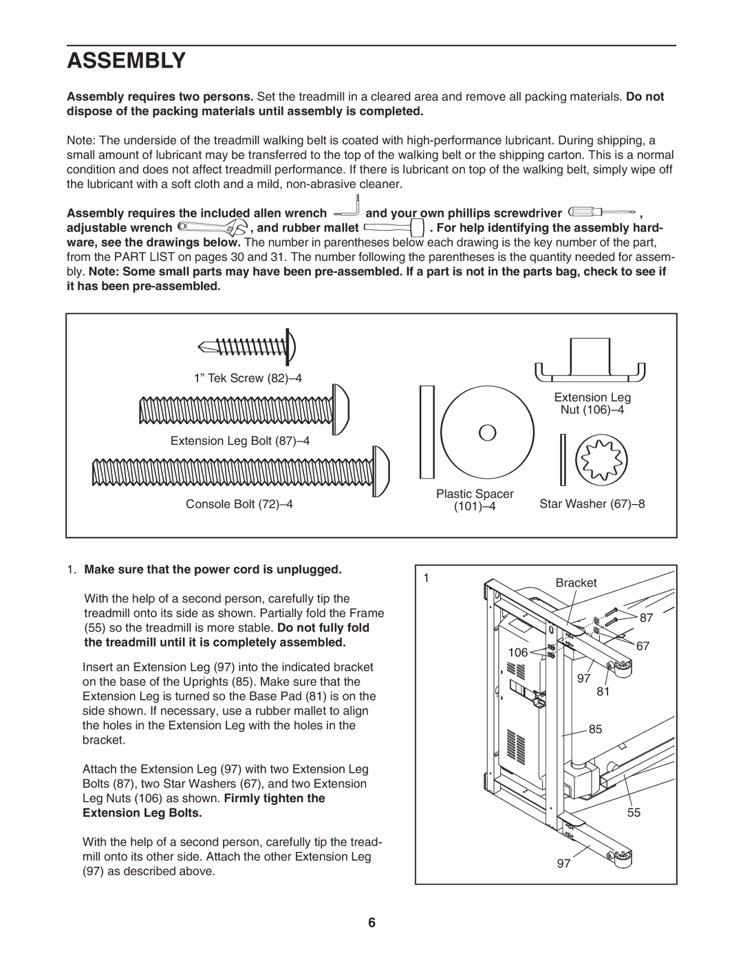 NordicTrack NTL10805.1 user manual Assembly, Make sure that the power cord is unplugged, Extension Leg Bolts 