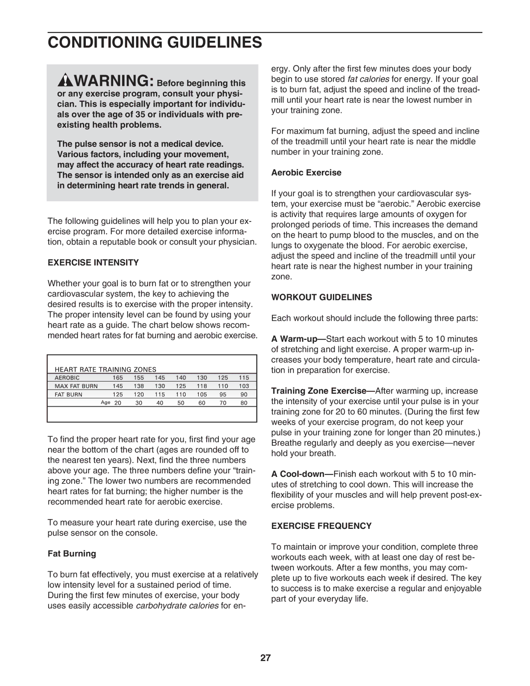 NordicTrack NTL10842 manual Conditioning Guidelines, Exercise Intensity, Workout Guidelines, Exercise Frequency 