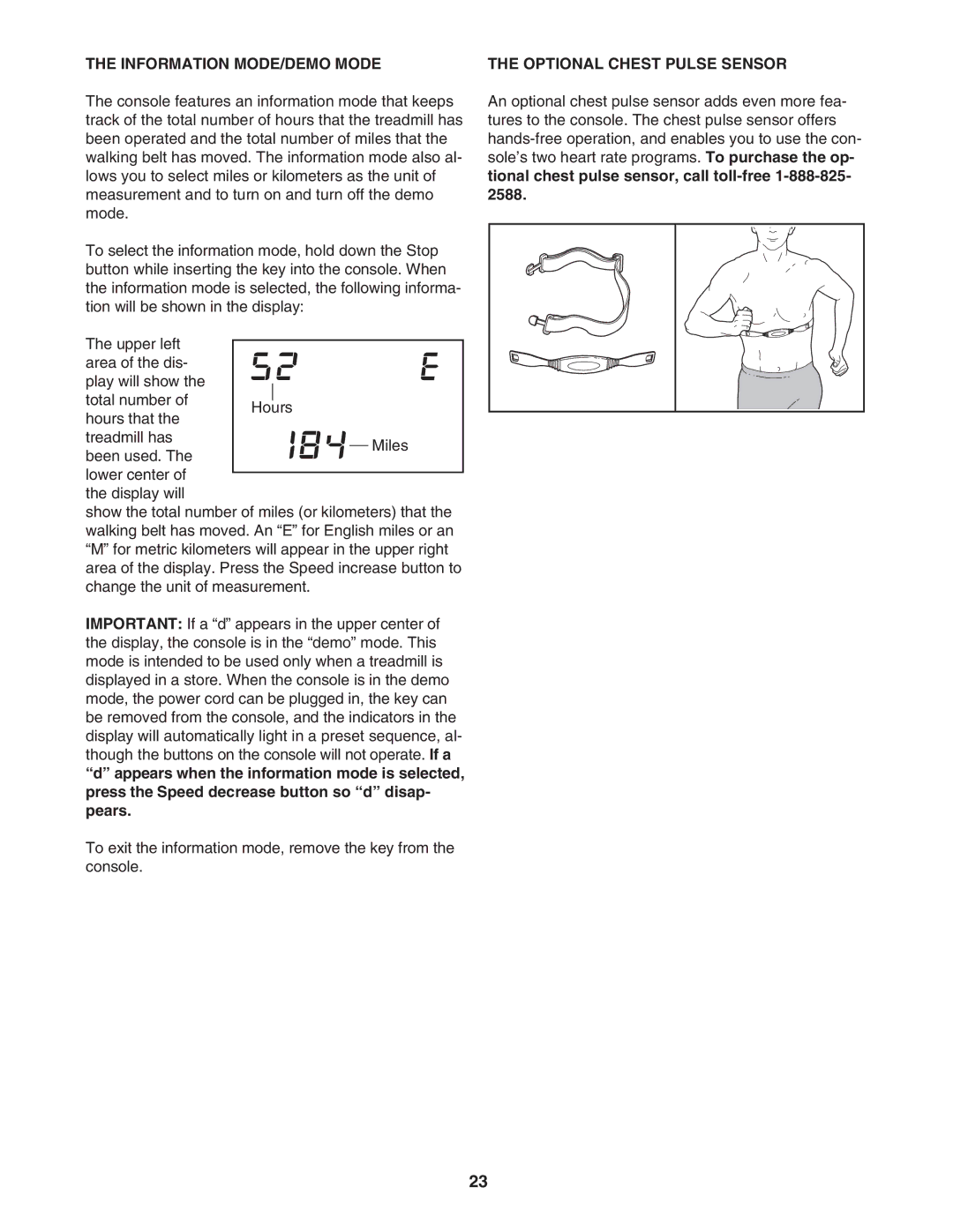 NordicTrack NTL10851 manual Information MODE/DEMO Mode, Optional Chest Pulse Sensor 