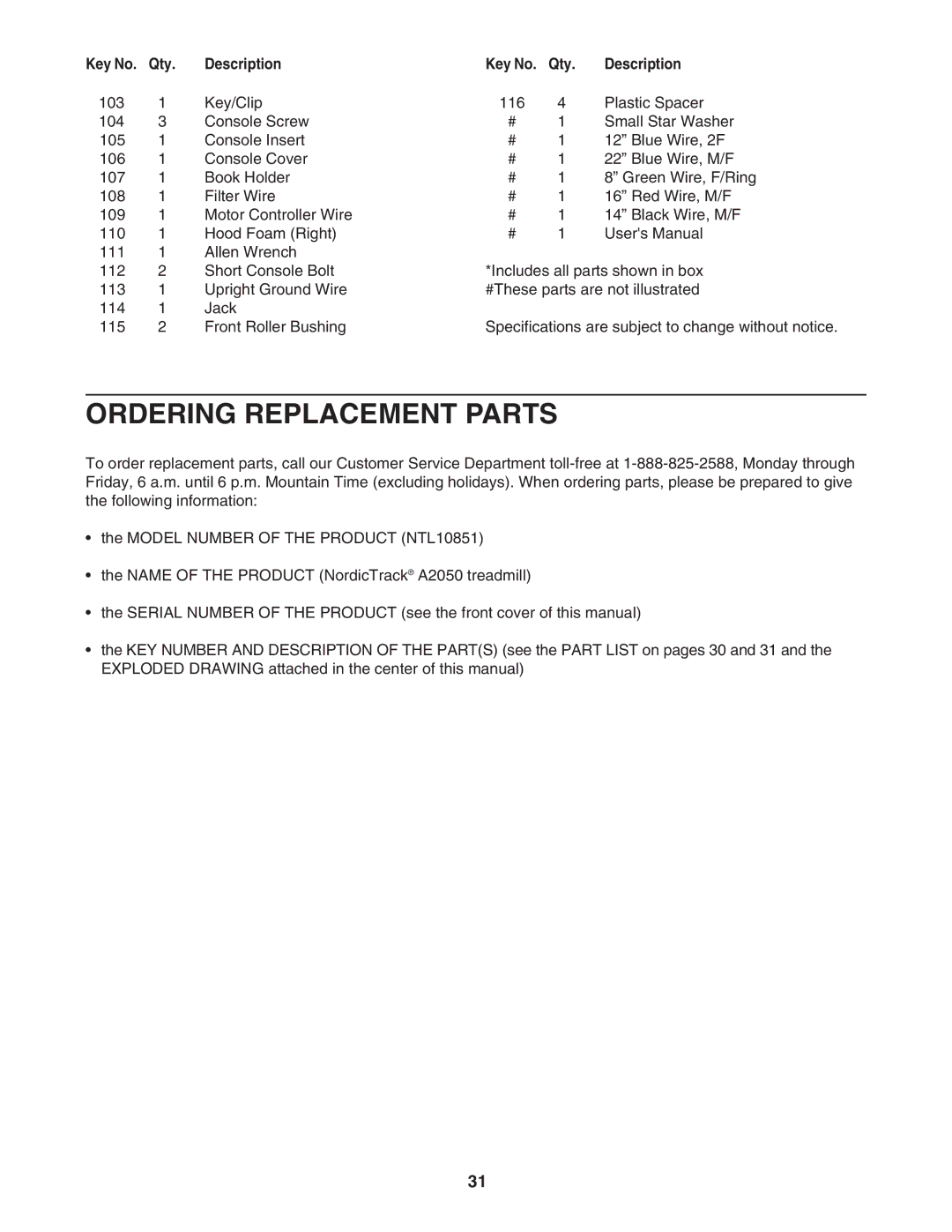 NordicTrack NTL10851 manual Ordering Replacement Parts 