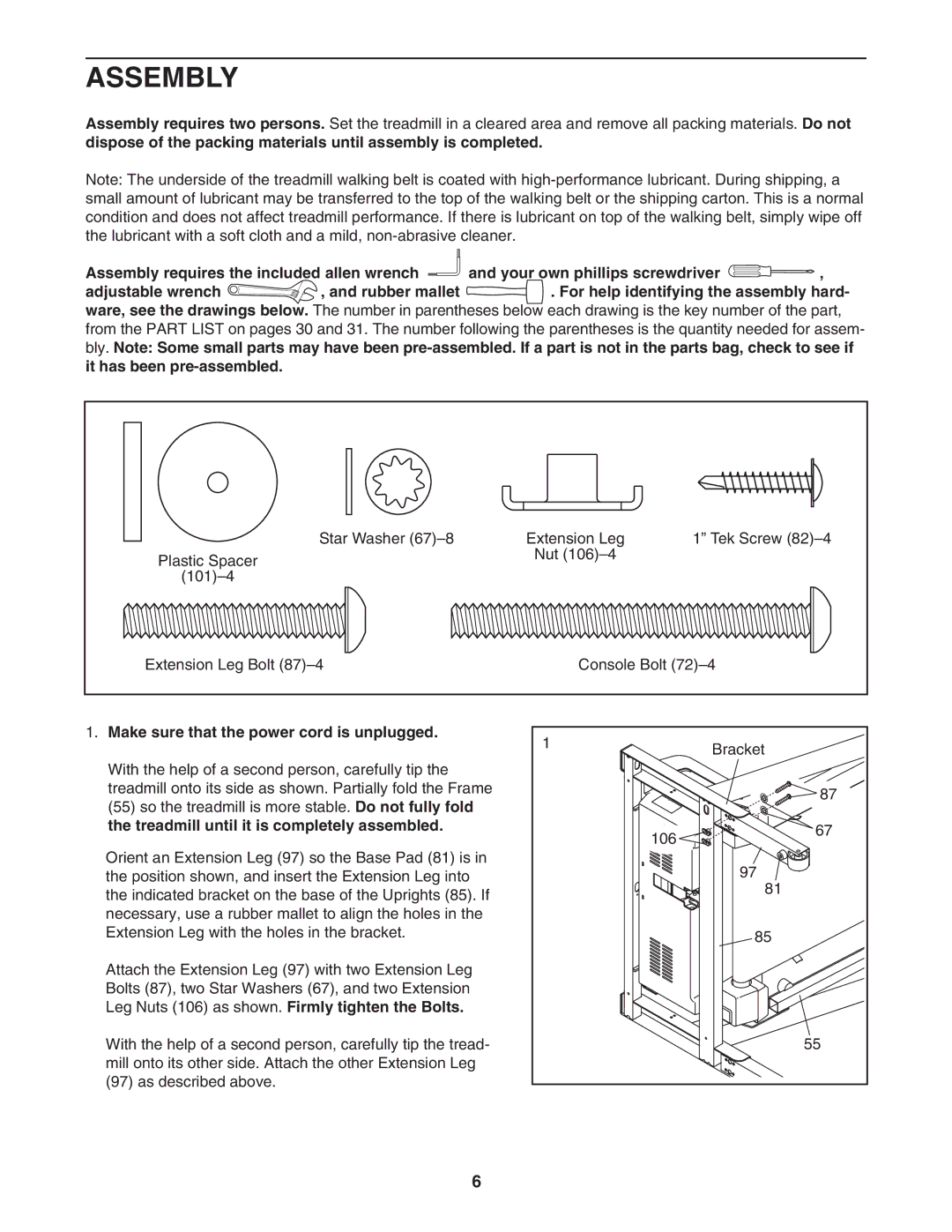 NordicTrack NTL10905.0 user manual Assembly, Make sure that the power cord is unplugged 