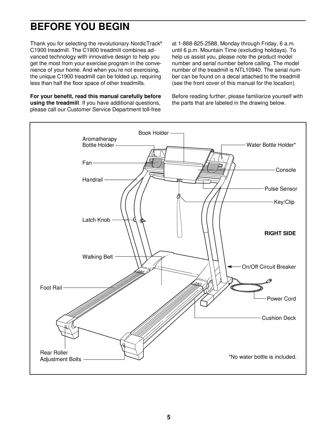 NordicTrack NTL10940 user manual Before YOU Begin, Using the treadmill, Right Side 