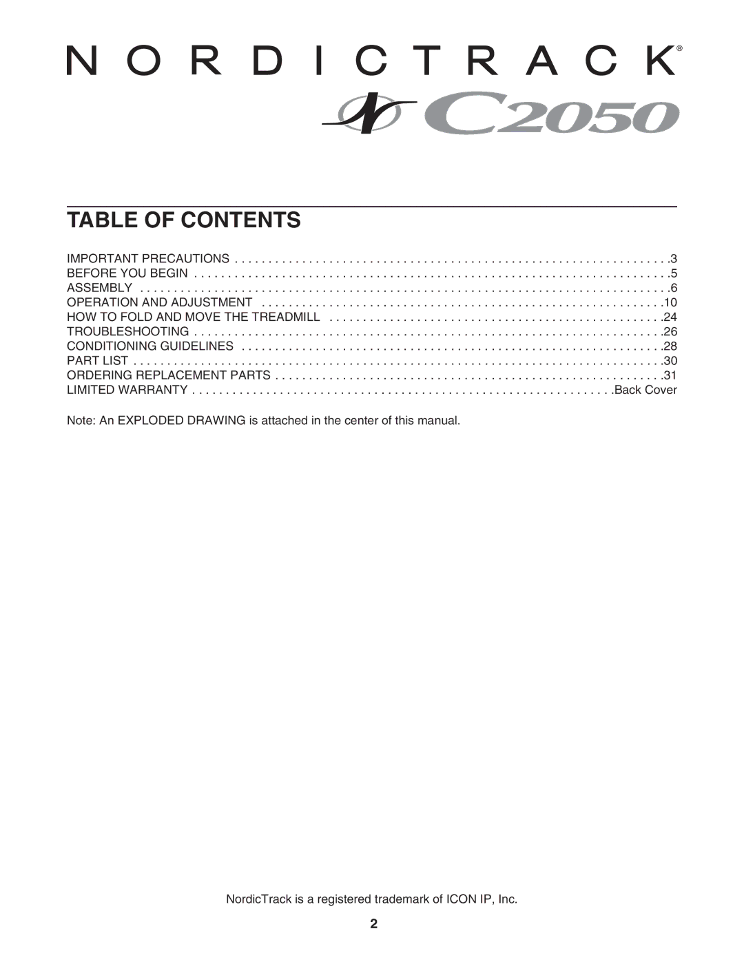 NordicTrack NTL10950 user manual Table of Contents 