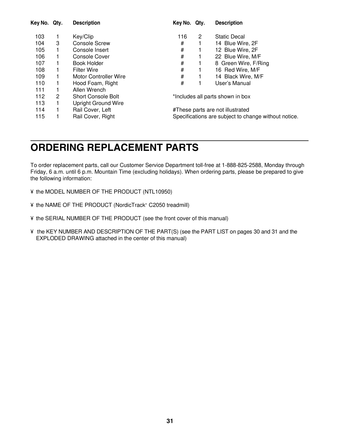 NordicTrack NTL10950 user manual Ordering Replacement Parts 