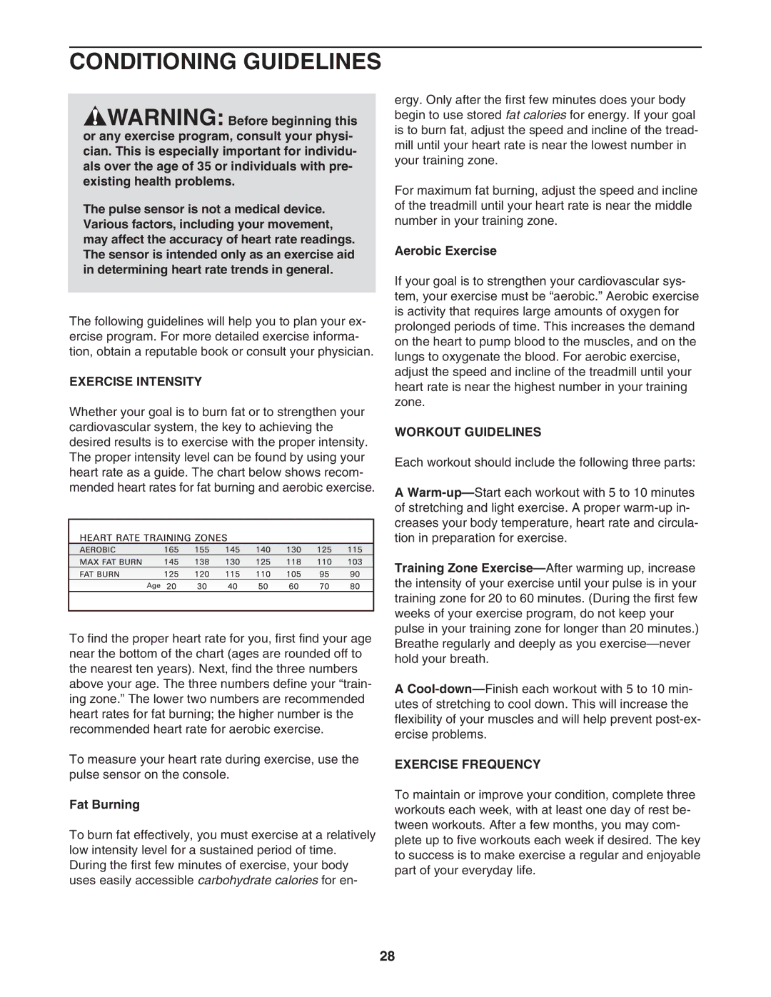 NordicTrack NTL10951 user manual Conditioning Guidelines, Exercise Intensity, Workout Guidelines, Exercise Frequency 