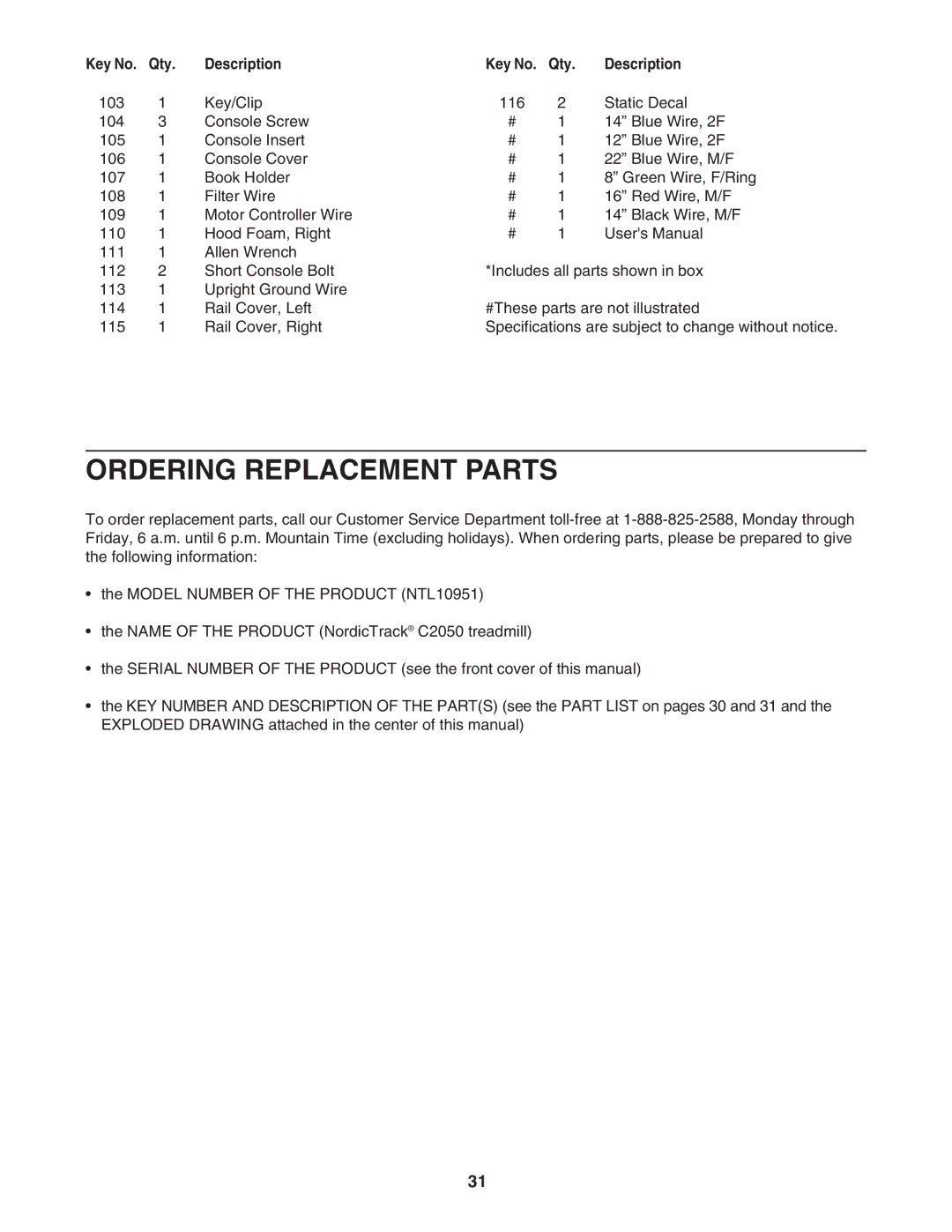 NordicTrack NTL10951 user manual Ordering Replacement Parts 