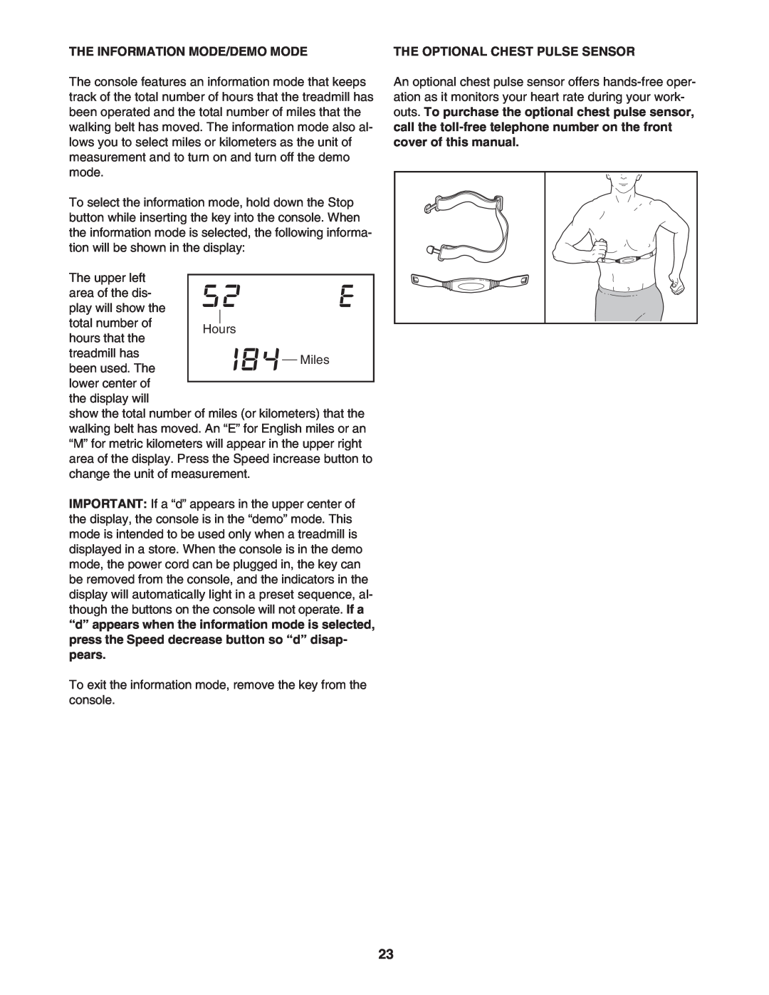 NordicTrack NTL1095.3 user manual The Information Mode/Demo Mode, The Optional Chest Pulse Sensor 