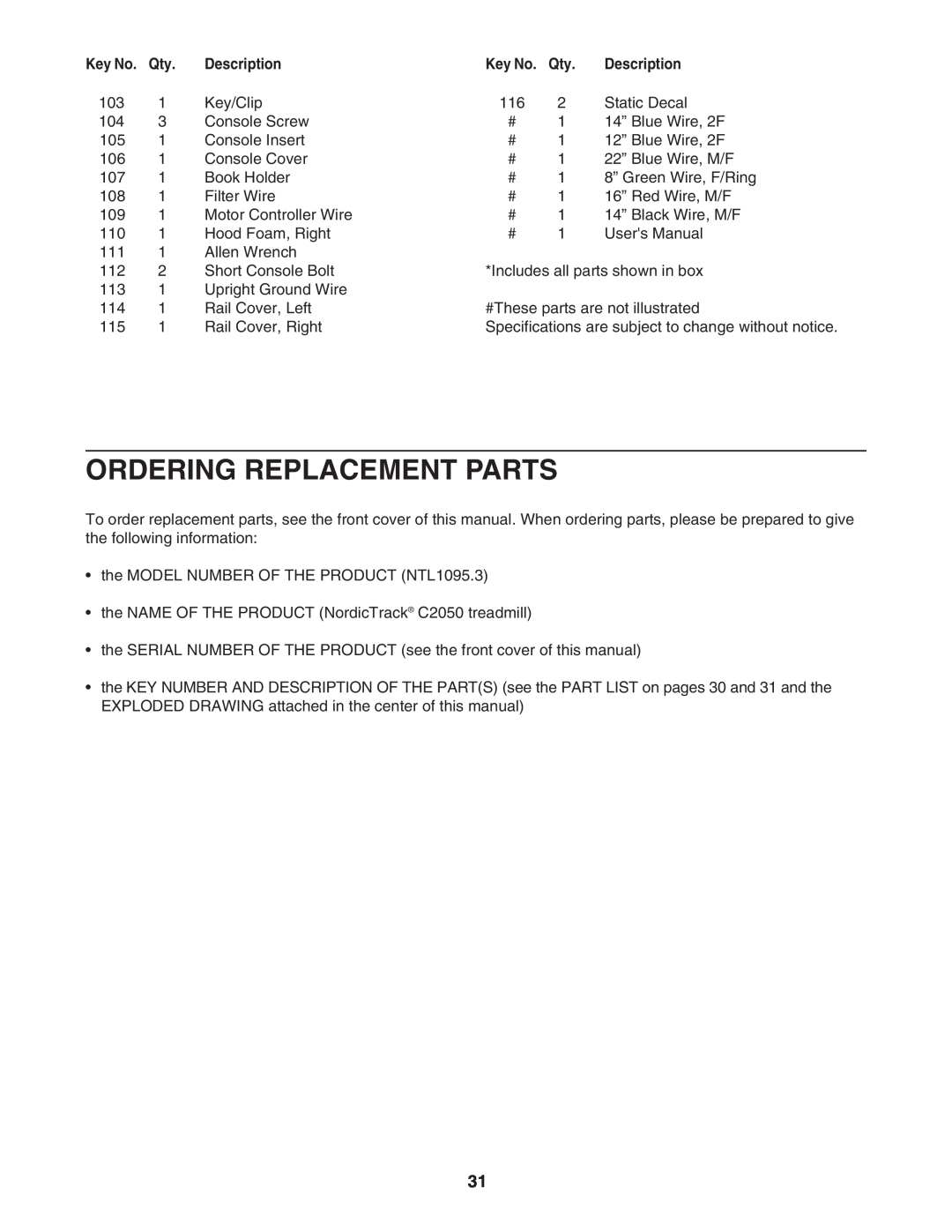 NordicTrack NTL1095.3 user manual Ordering Replacement Parts, Description 