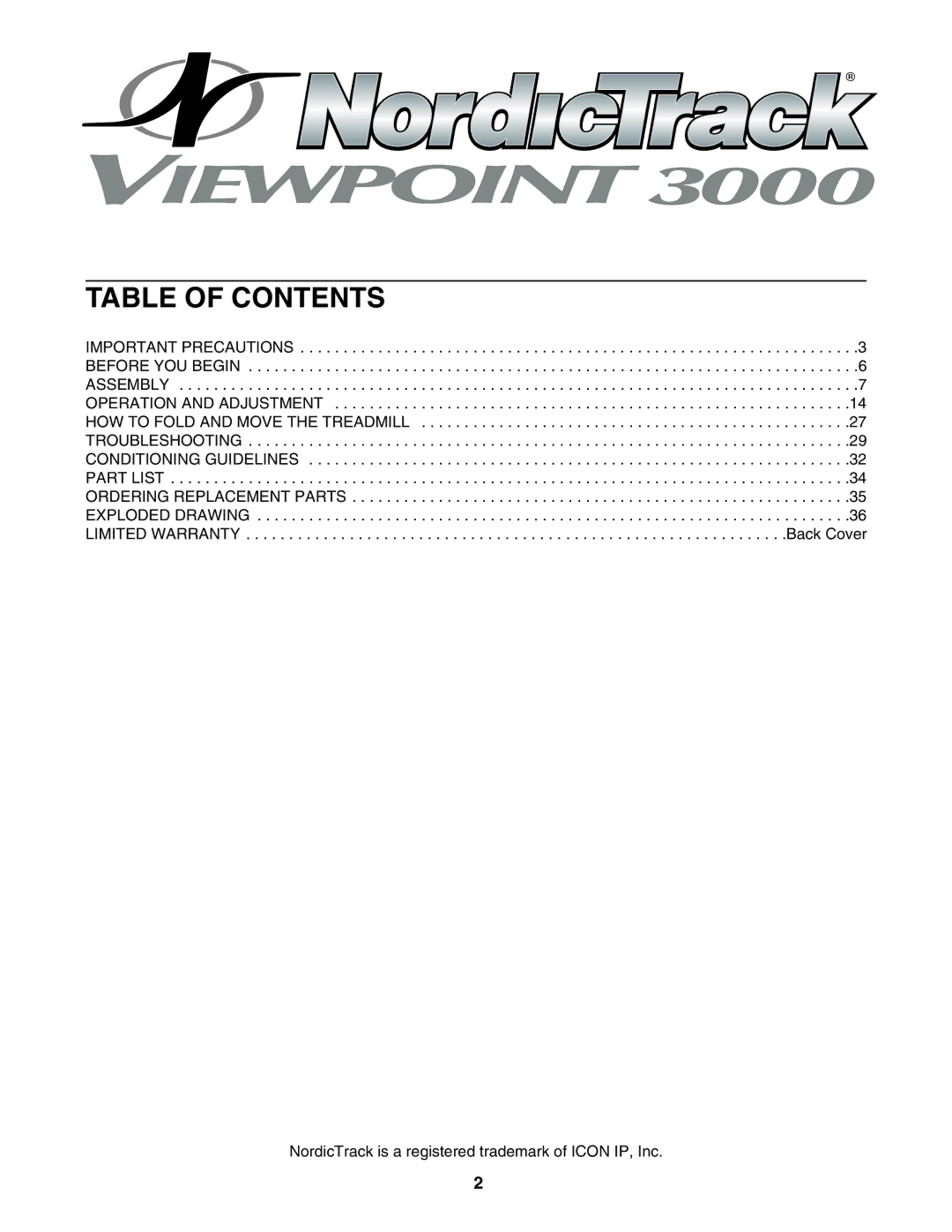 NordicTrack NTL11806.0 manual Table of Contents 