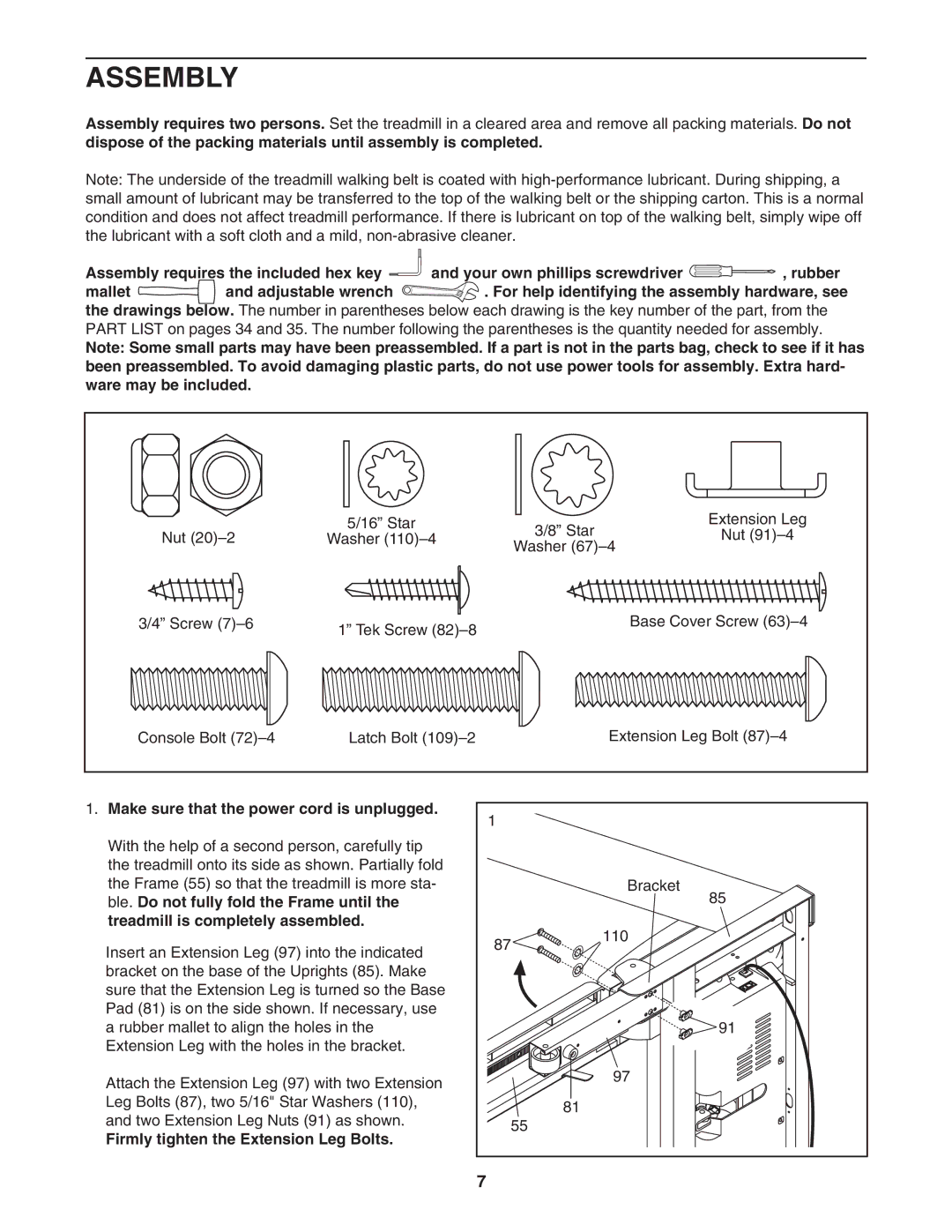 NordicTrack NTL11806.0 manual Assembly, Make sure that the power cord is unplugged, Firmly tighten the Extension Leg Bolts 