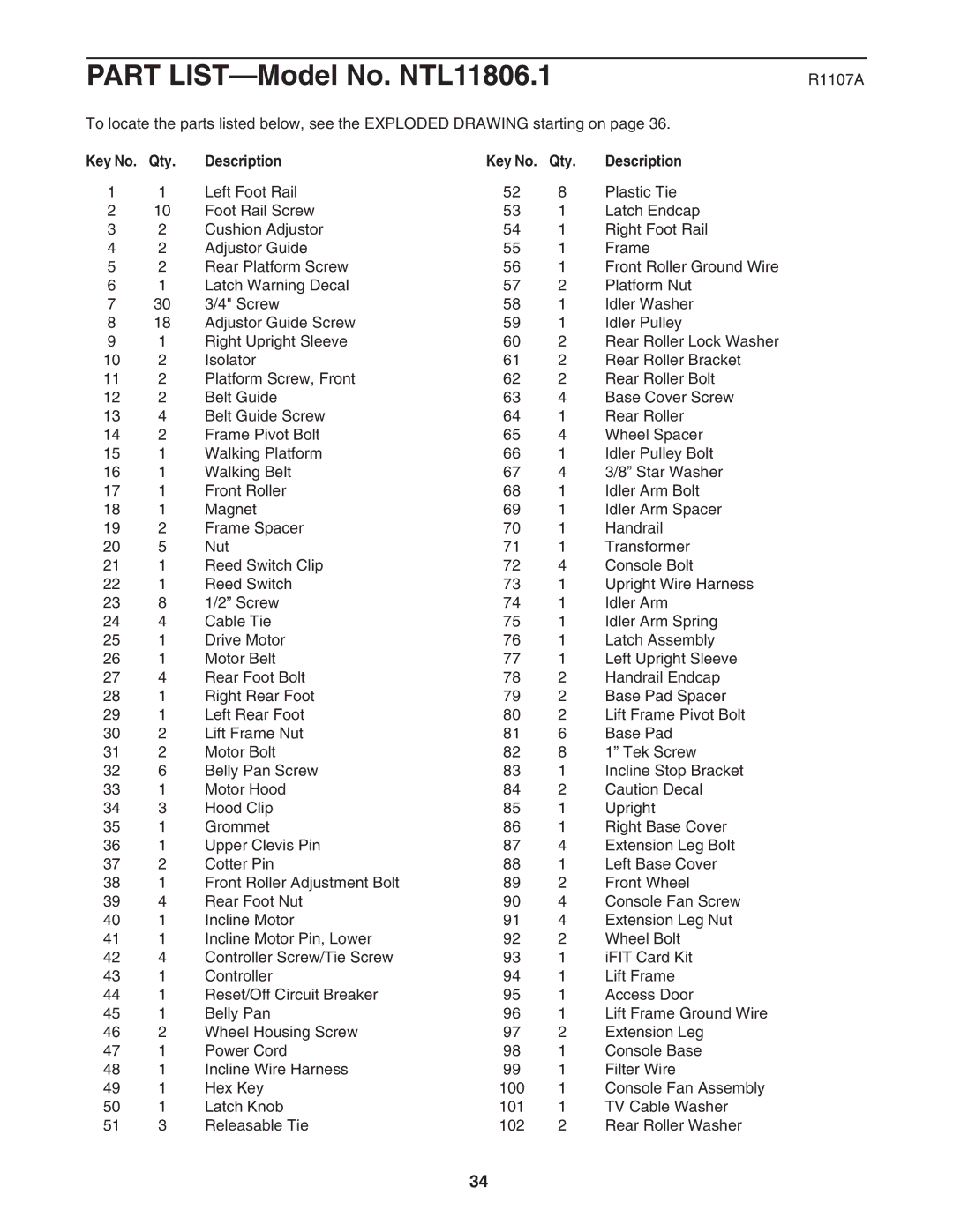 NordicTrack NTL11806.1 manual R1107A, Qty Description 