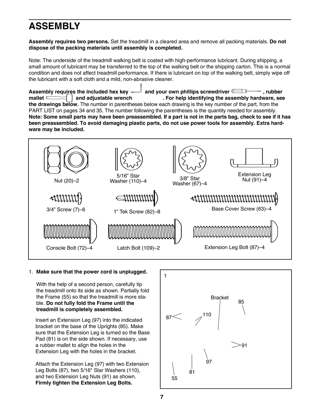 NordicTrack NTL11806.1 manual Assembly, Make sure that the power cord is unplugged, Firmly tighten the Extension Leg Bolts 