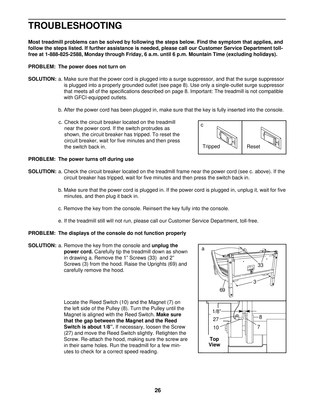 NordicTrack NTL11920 Troubleshooting, Problem The power turns off during use, Solution, Power cord, Switch is about 1/8 