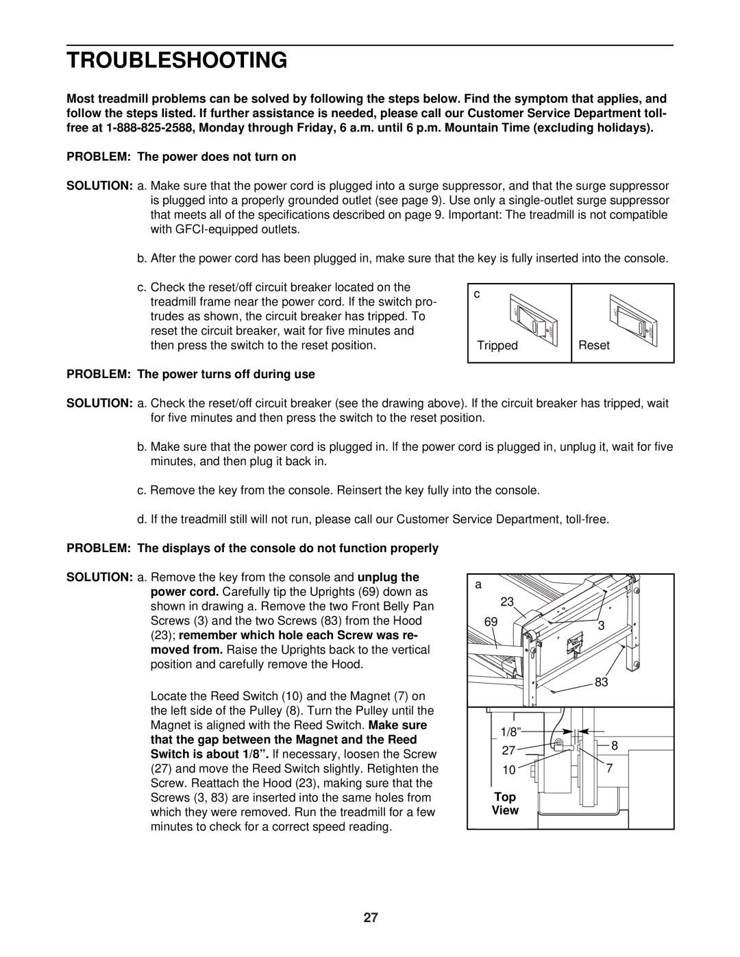 NordicTrack NTL12840 user manual Troubleshooting, Problem The power turns off during use, Top View 