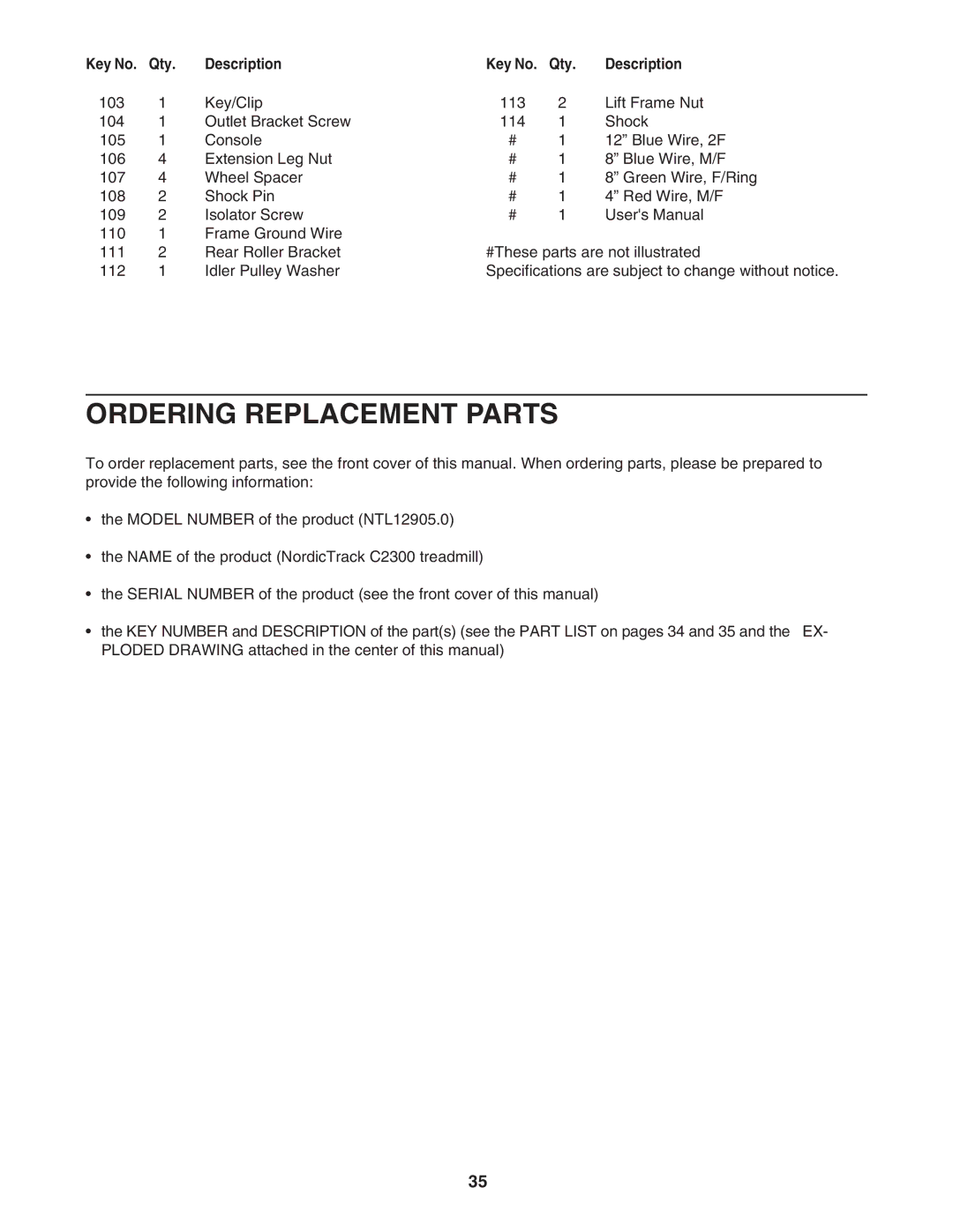 NordicTrack NTL12905.0 manual Ordering Replacement Parts 