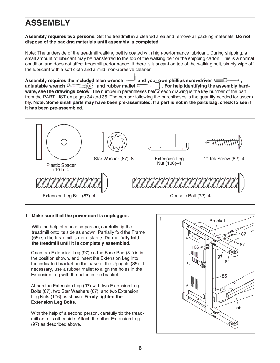 NordicTrack NTL12905.0 manual Assembly, Make sure that the power cord is unplugged, Extension Leg Bolts 