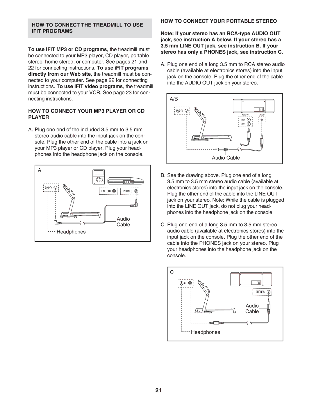 NordicTrack NTL12905.2 HOW to Connect the Treadmill to USE Ifit Programs, HOW to Connect Your MP3 Player or CD Player 