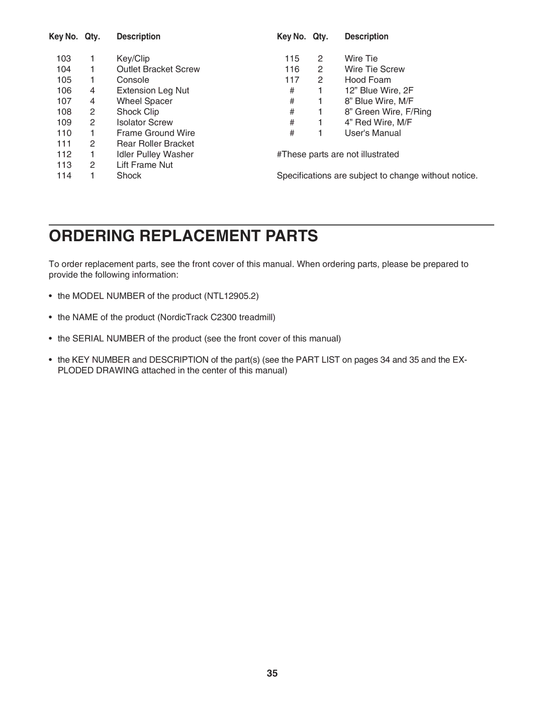 NordicTrack NTL12905.2 manual Ordering Replacement Parts 