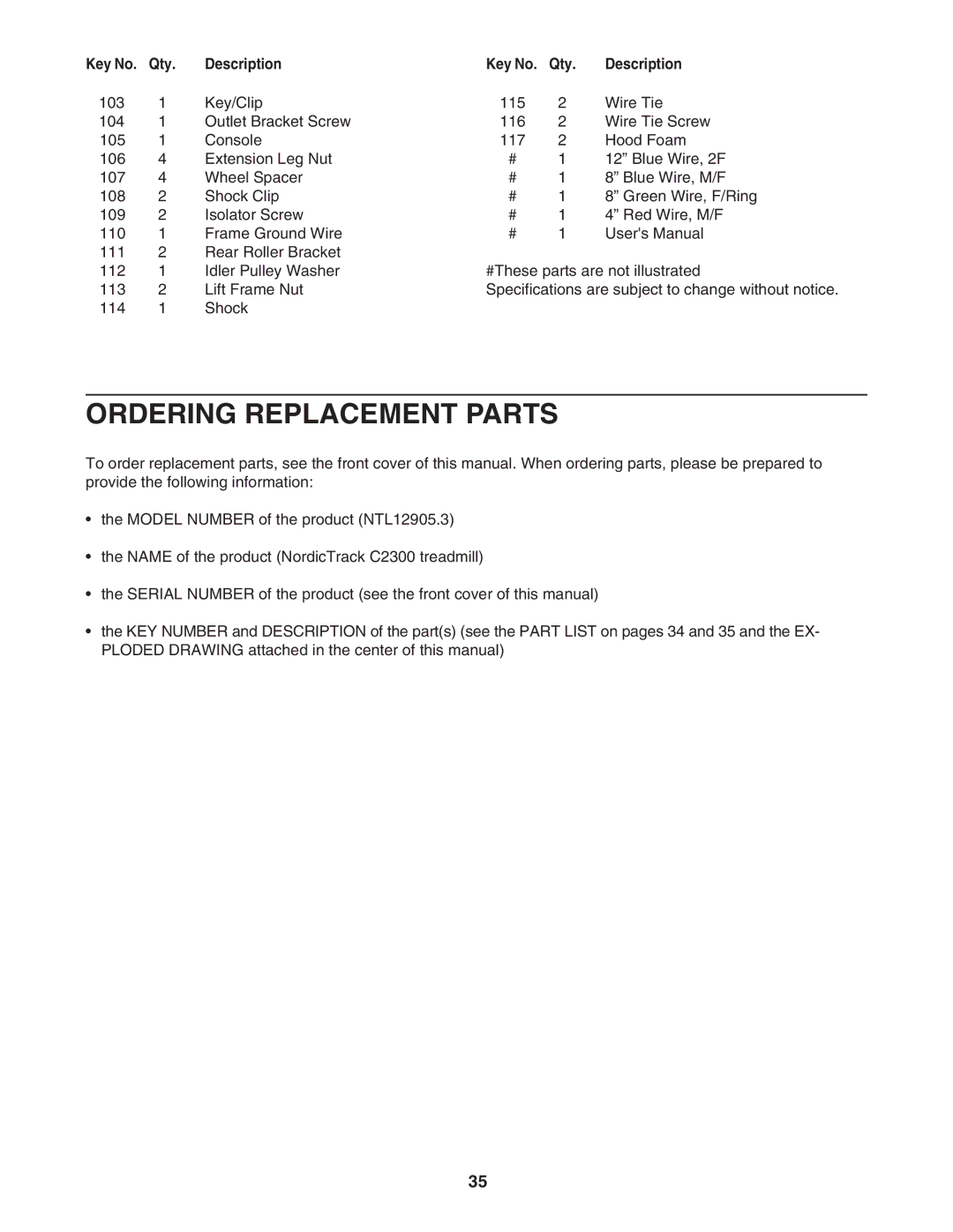 NordicTrack NTL12905.3 manual Ordering Replacement Parts 