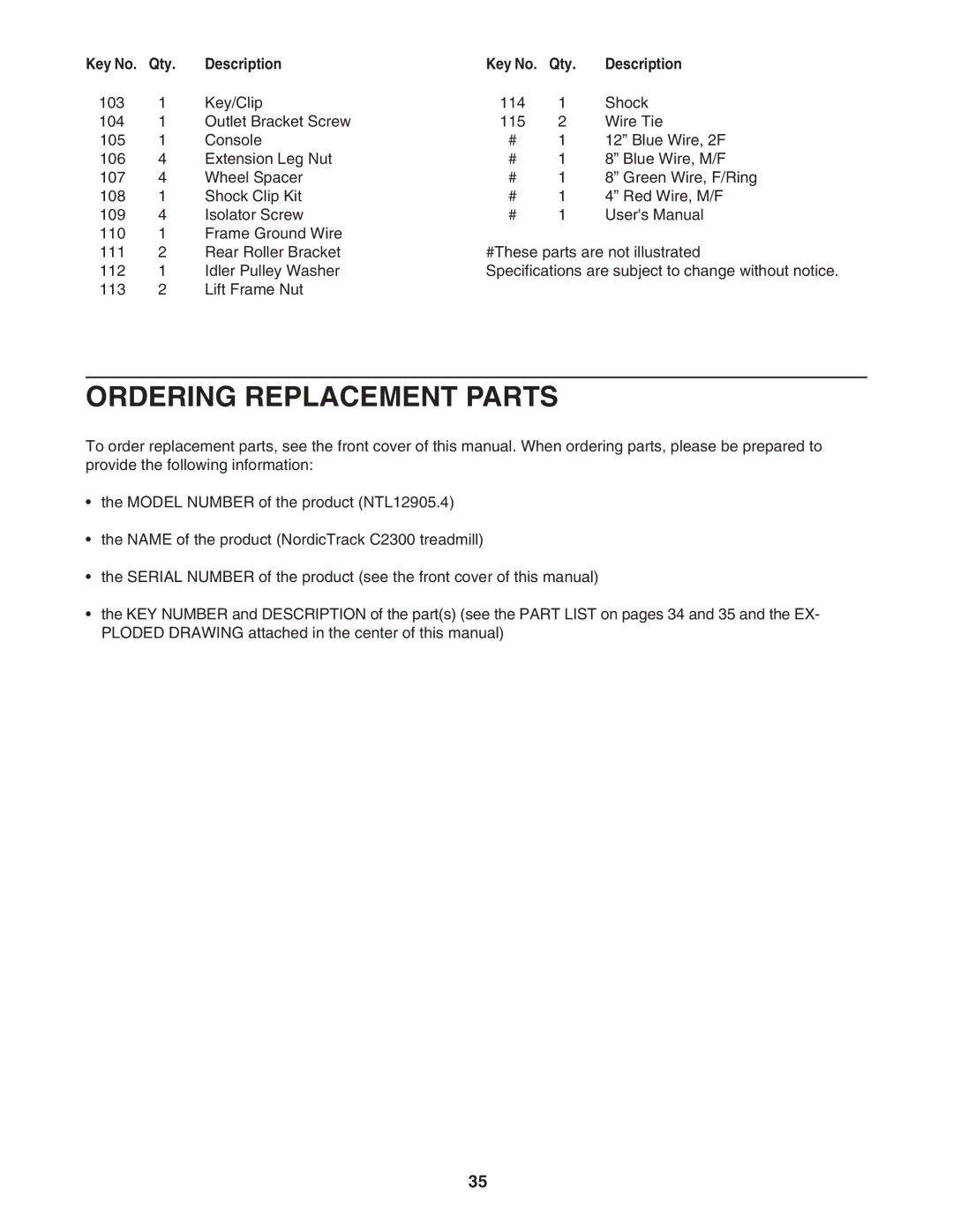 NordicTrack NTL12905.4 user manual Ordering Replacement Parts 