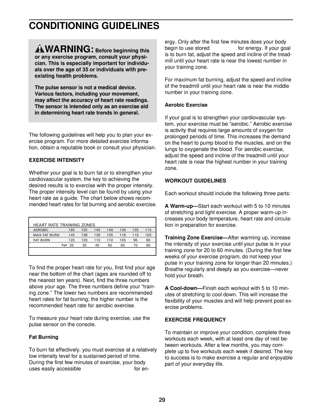 NordicTrack NTL12940 user manual Conditioning Guidelines, Exercise Intensity, Workout Guidelines, Exercise Frequency 