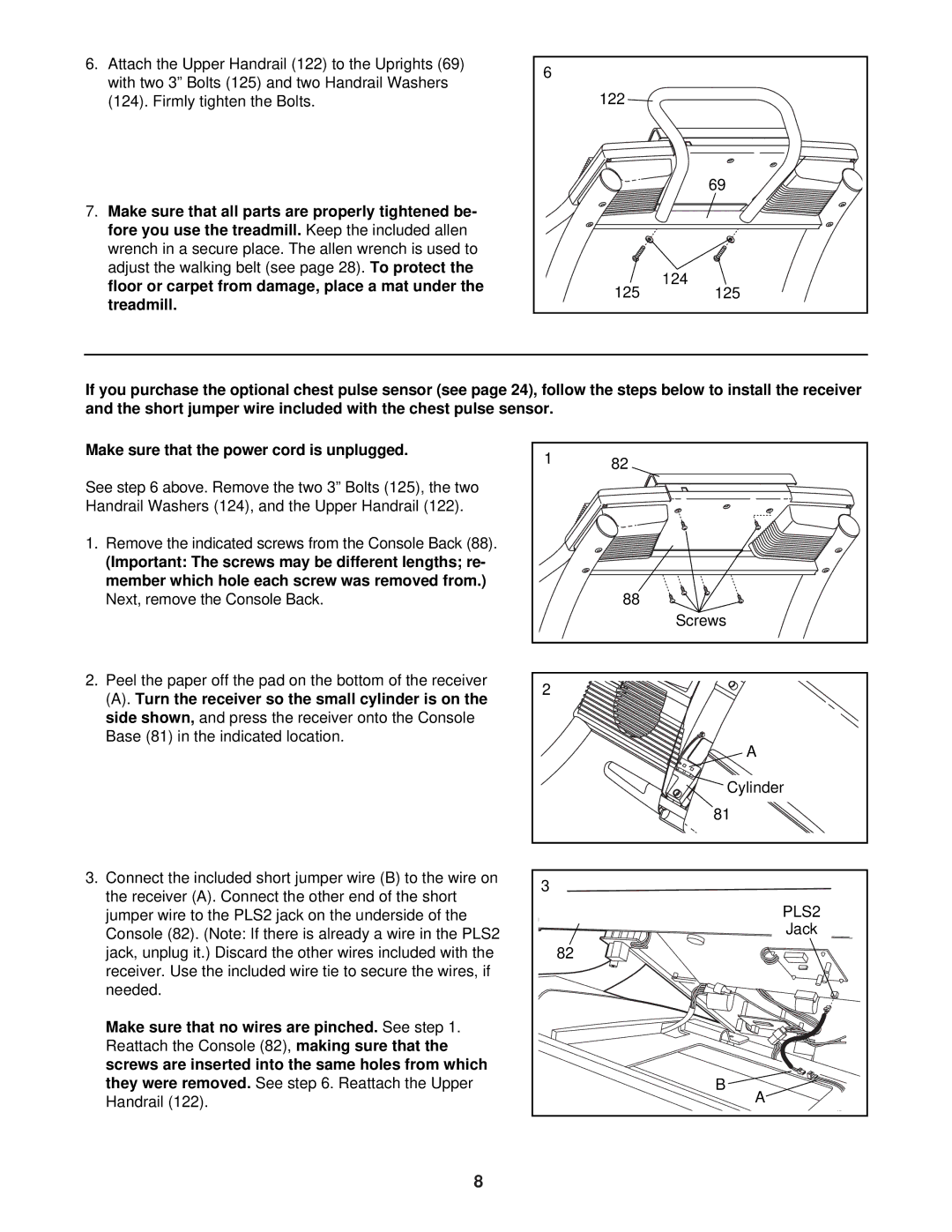 NordicTrack NTL12940 user manual Treadmill, Turn the receiver so the small cylinder is on, They were removed 