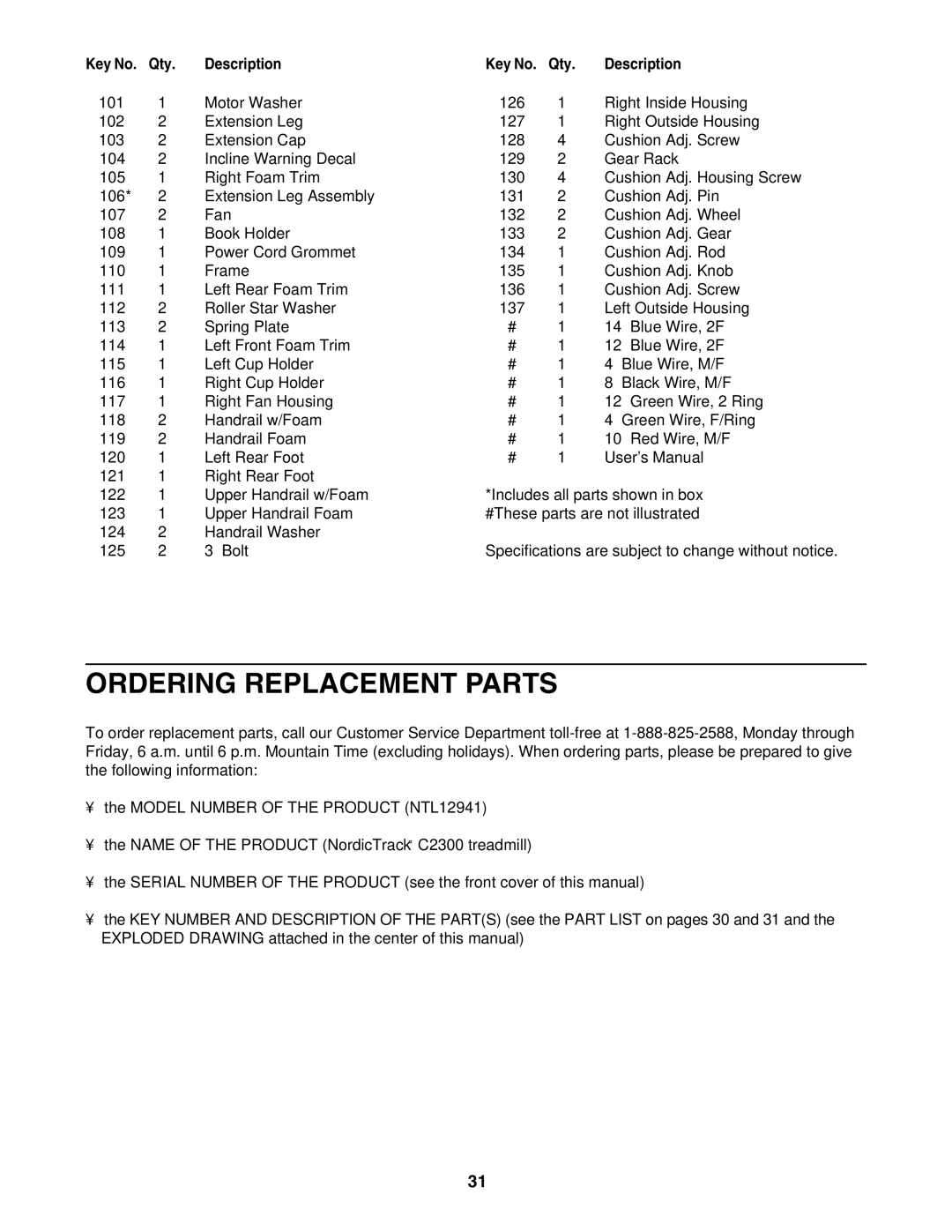 NordicTrack NTL12941 user manual Ordering Replacement Parts 