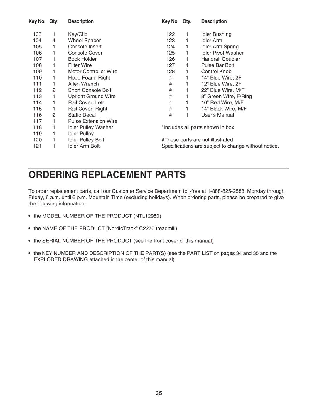 NordicTrack NTL12950 user manual Ordering Replacement Parts 