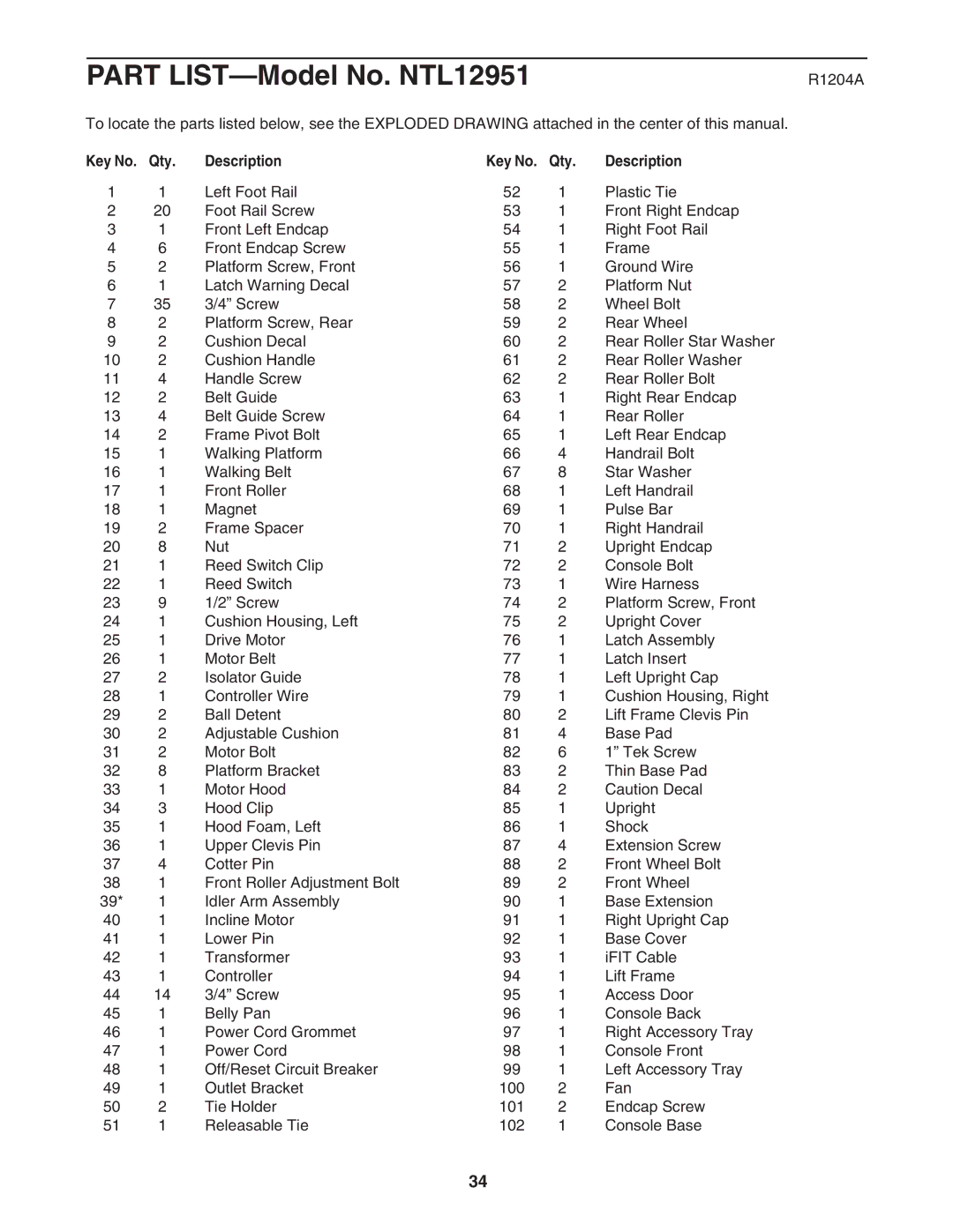 NordicTrack NTL12951 user manual R1204A, Qty Description 