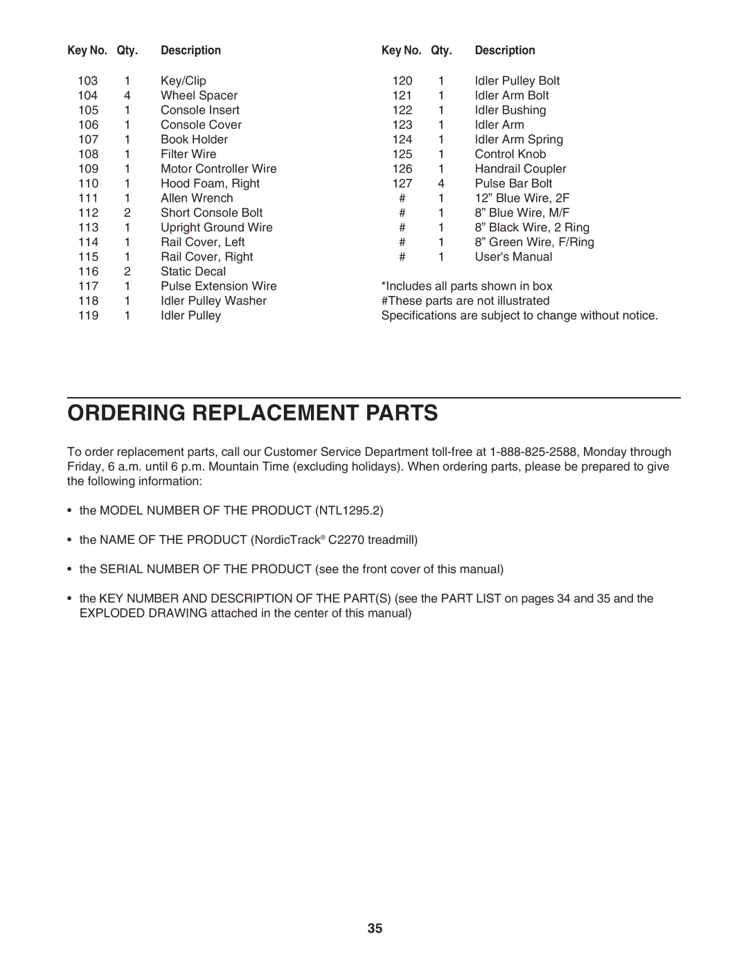 NordicTrack NTL1295.2 manual Ordering Replacement Parts 