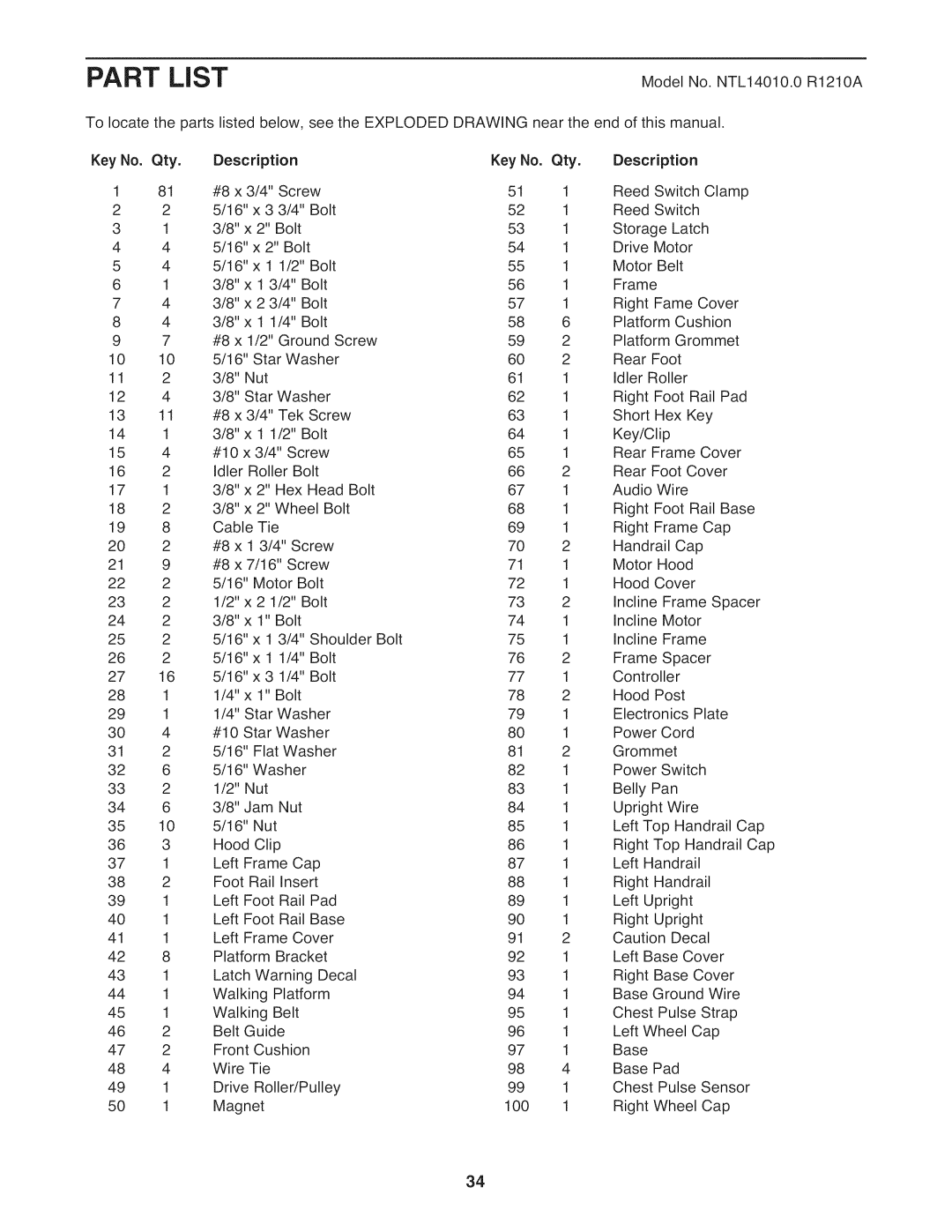 NordicTrack NTL14010.0 warranty Part List, Description 