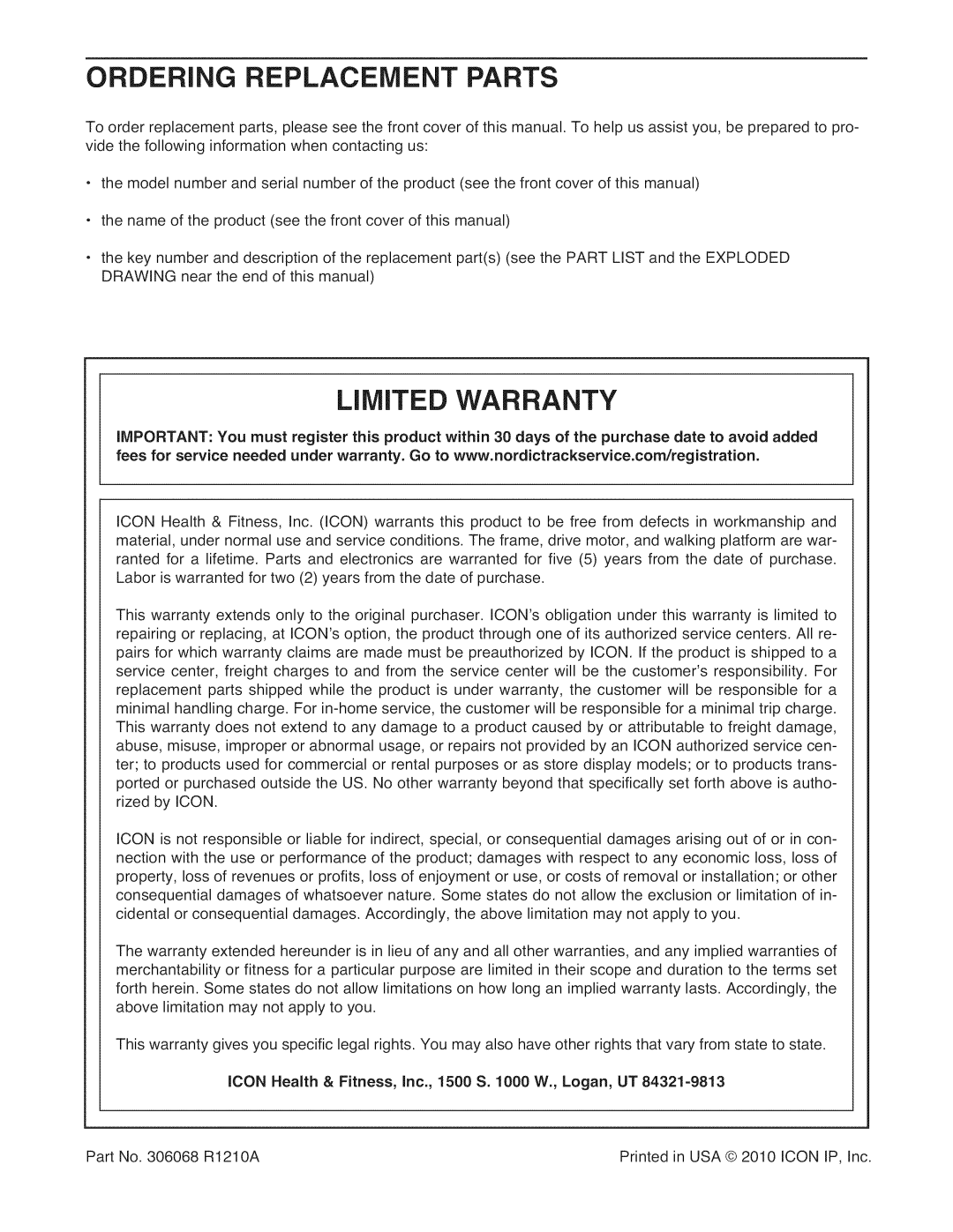 NordicTrack NTL14010.0 Ordering Replacement Parts, Limited Warranty, ICON Health & Fitness, Inc., 1500 S W., Logan, UT 