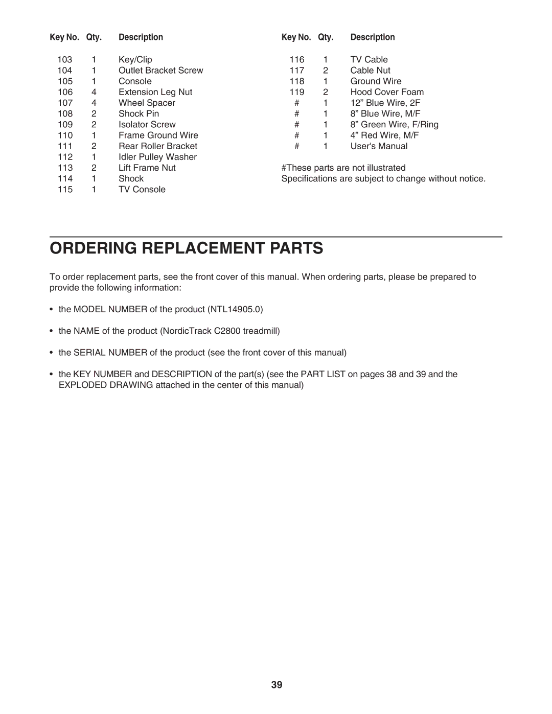 NordicTrack NTL14905.0 user manual Ordering Replacement Parts 