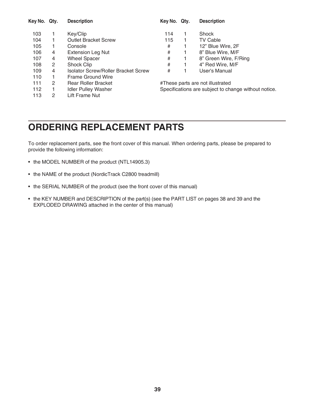 NordicTrack NTL14905.3 user manual Ordering Replacement Parts 