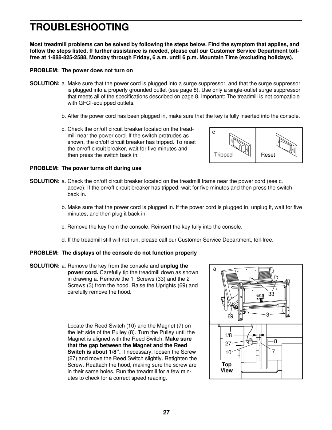 NordicTrack NTL14940 user manual Troubleshooting, Problem The power turns off during use, Top View 
