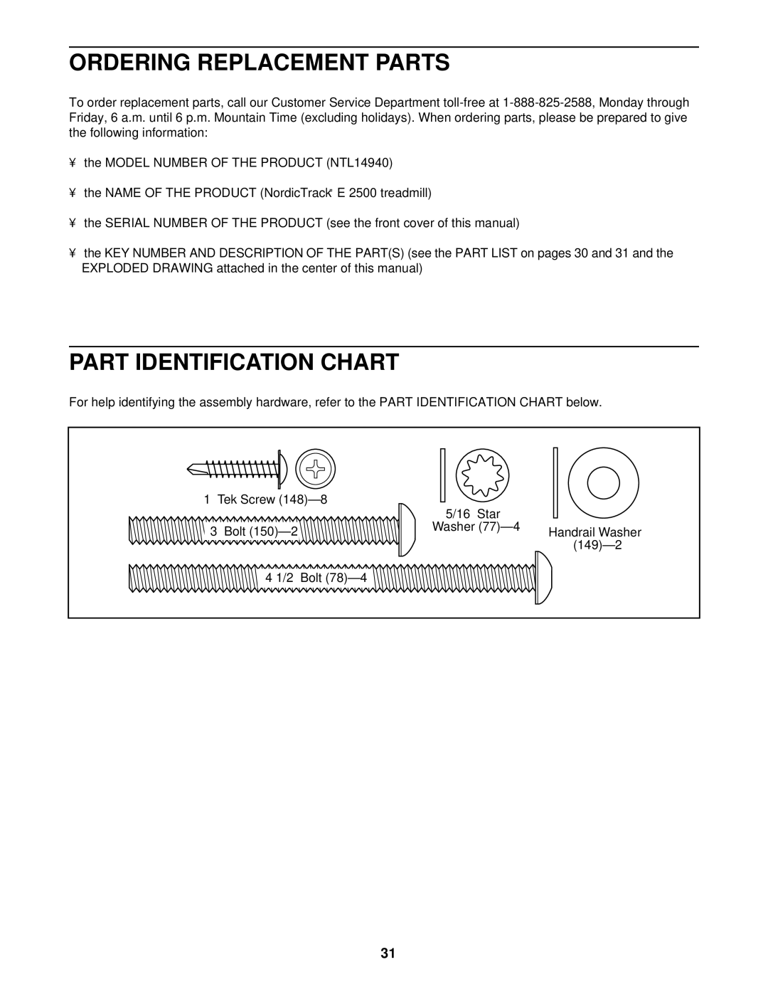 NordicTrack NTL14940 user manual Ordering Replacement Parts, Part Identification Chart 